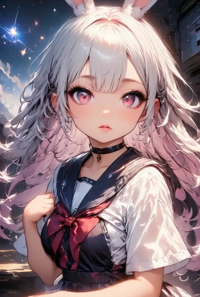 girl,  she has rabbit ears ,  she's a cute high school girl ,  cream colored cardigan with extra sleeves,  white shirt ,  a ribbon with a design ,  mini skirt,  small breasts,  beautiful long silvery white hair ,  Healthy Thighs, Detailed depiction of thighs, Her beautiful,  her adorable eyes shine like jewels ,  dress, ((  Face Closeup  :1.4,  a nice pop smile ,  peace sign with both hands:1.45,  double piece:1.4, Perfectly shaped fingers:1.3)),  beautiful digital art ,  fast food restaurants, Inside the store, masterpiece, Best Quality,  Ultra High Definition,rich contrast,  great quality ,8k,  very detailed, Best Quality anime,Please redeem Deep Borderline 1 .2,  ultra-detailed eyes , Beautiful and glossy lips 