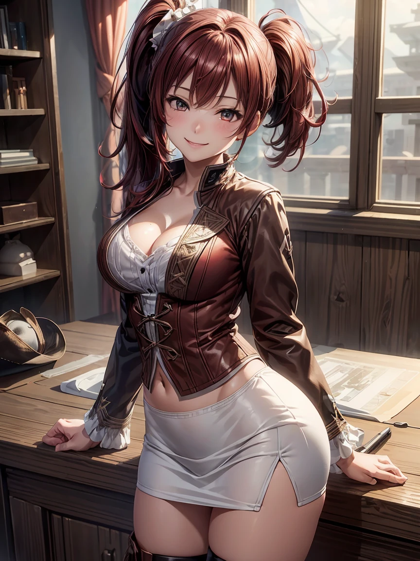 "((short steampunk corse)),((Mexicana peliroja, white skin)),((Twintail)),(1solo),(1 girl view),full_body, 1 girl view,female, young, 17 years old, 70% nude, (long hair), ((red-light brown hair)), snowflakesdetailed cute anime face, ((pointy_ears, seductive pose, flirty with one eye closed)), (((medium_breasts, firm breasts))), (green-brown ligth eyes), random angle)":(all realistic intricate details)