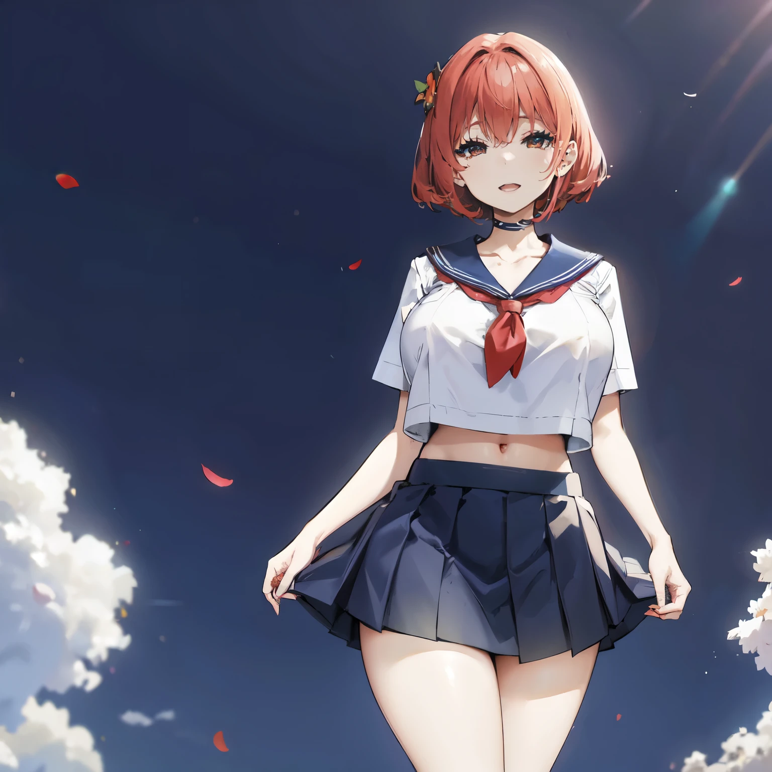 red hair, very huge tits, ((sailor uniform,  short skirt)), thick, busty, red eyes,  bob hair, upperbody, smile, legs, thigh, flower background