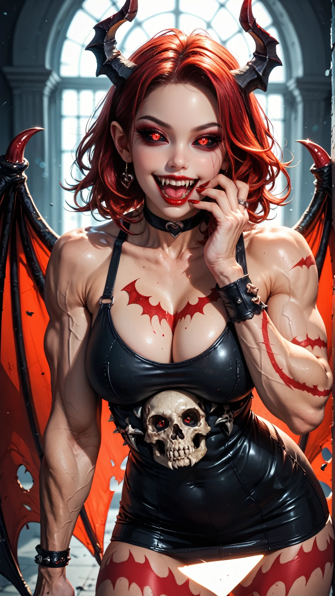 (nsfw:1), (Uncensored:1), score_9, score_8_up, score_7_up, (Three quarters Shot), The most beautiful demon succubus girl standing with gigantic demon wings on a mound of skulls, sexual and seductive, (red eyes, black sclera:1.25), opening mouth, long sharp teeth, (muscular bodybuilder physique:1.25), skinless anatomy showing veins, tendons and muscles, sharp claws on hand and legs, flayed rotting flesh,  demonic style. super realistic image, beautiful digital paint , hyper Realistic illustrations, 