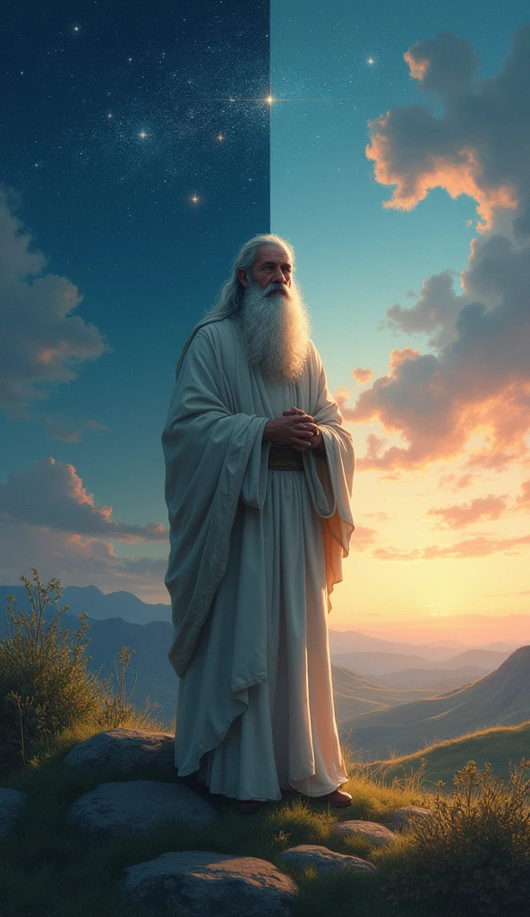 Generates a man with a beard and white hair, looking at the sky with a white tunic and a light coming out of his head, in his hands a palm leaf and a book, with a night background with the moon and stars