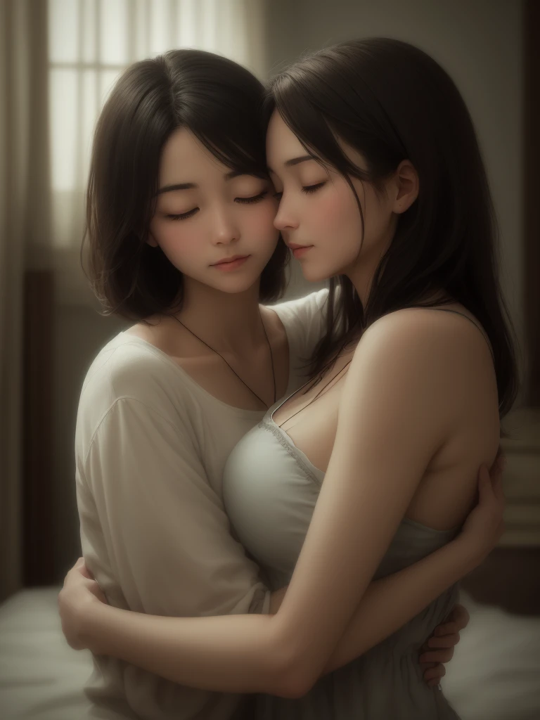 Two beautiful women touching each other，（see-through shirts：1.2），（open shirts），无袖，Sione-piece dance costume，Beth，Breast-huge，Straight breasts，Close-up of two women posing for a photo while lying on bed，Surreal full-body figure，Beautiful and delicate body and face，gorgeous figure，high ponytails，Pubic area is clear，ssmile，moaning，Titillating，Surreal full-body figure，Beautiful and delicate body and face，Ultra vision，Elevation perspective，White skin，vivd colour，Asian people ，There was almost nothing in the clothes，Blurred areola，Cocked buttocks，Kiss the chest on the bed