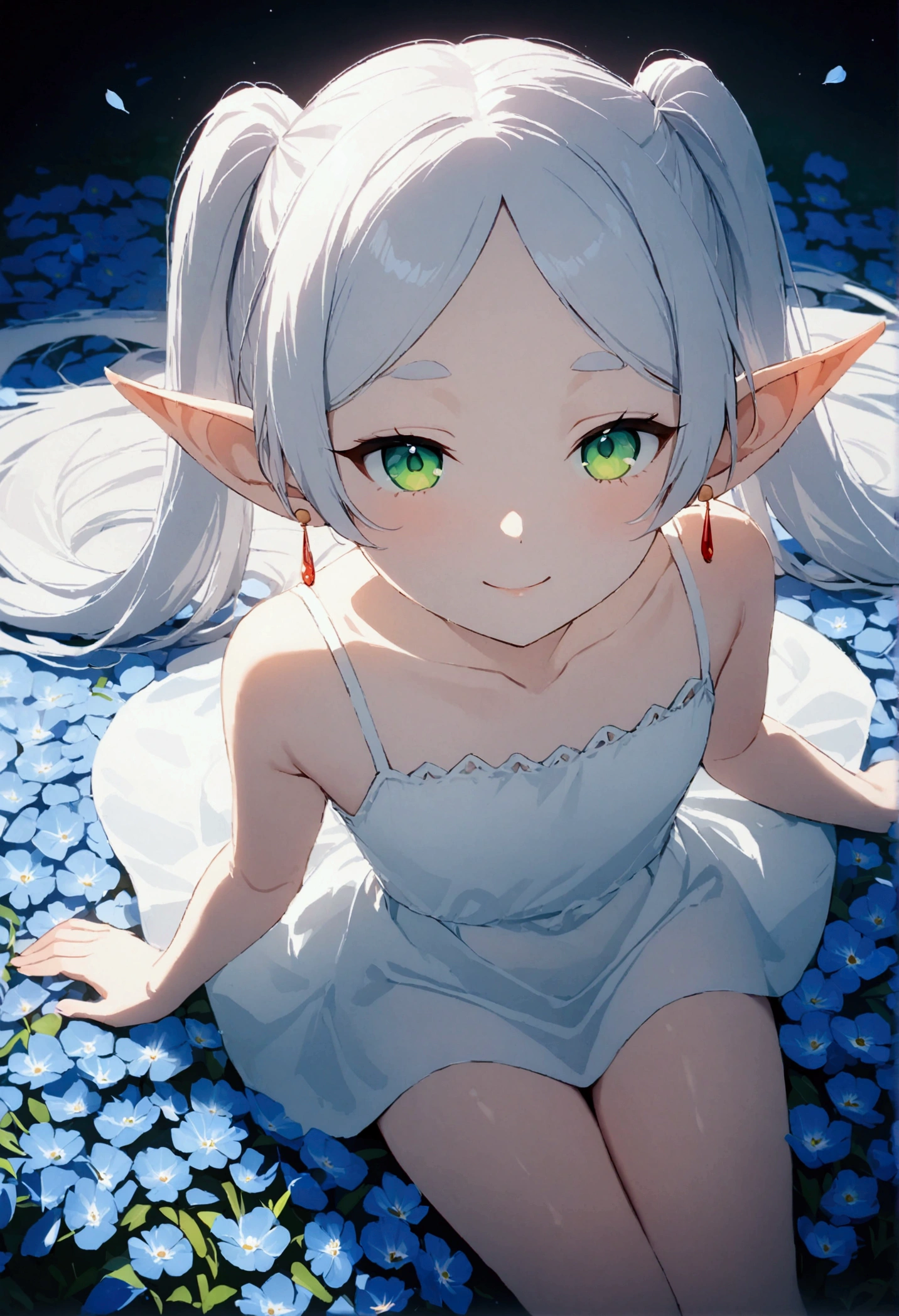  High image quality 、masterpiece、  high quality、Full HD、4K 、A girl is sleeping on the ground 、View from above、 and close your thighs、Show me your side、 Funeral Freelen、  silver hair、  twin tails、 Green Eyes、Elf Ears、 Red Earrings 、 white camisole、  flat chest、smile、Blue Flower Field、Draw lots of petal effects、Petals are fluttering all over the screen