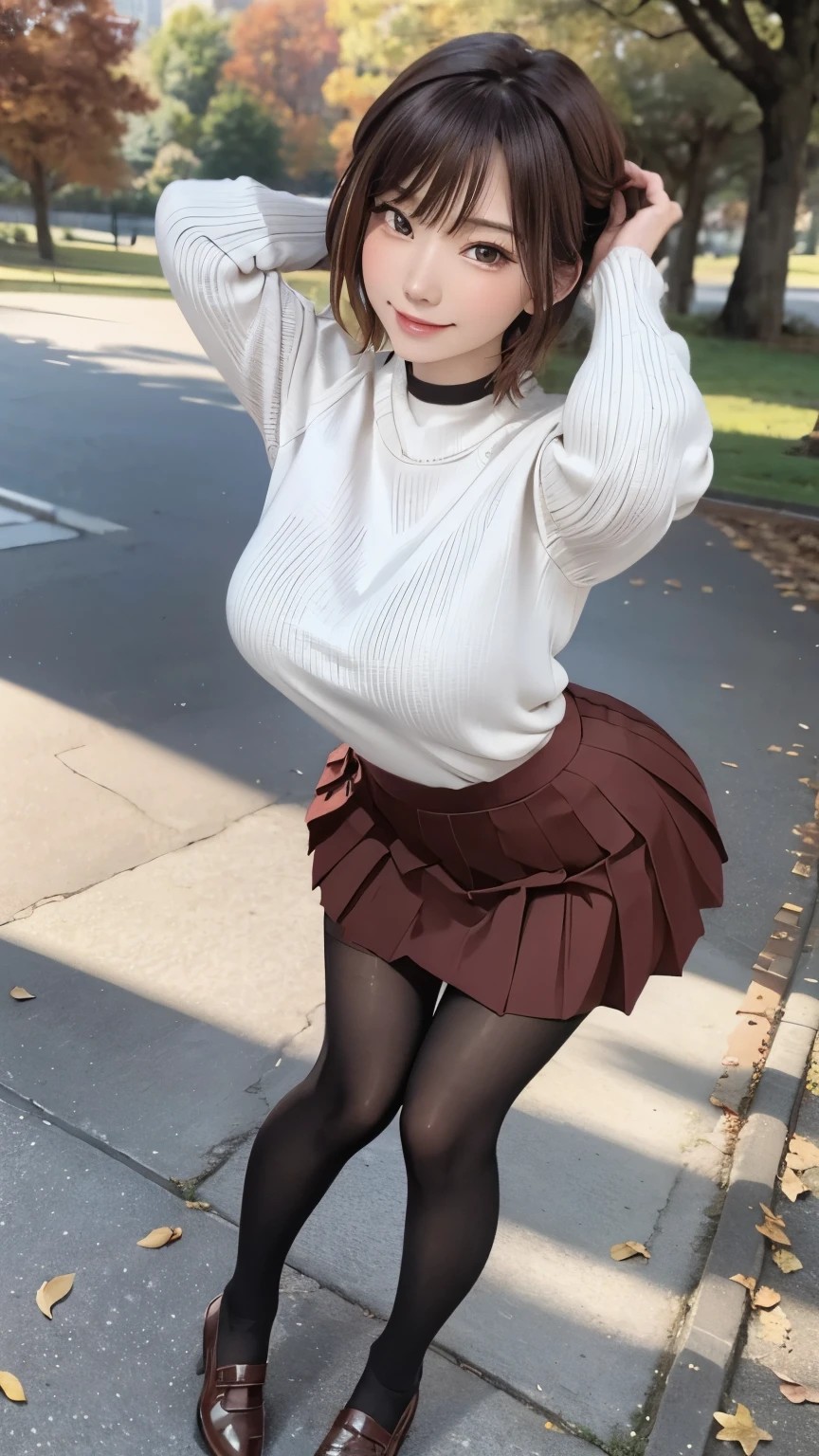 One woman standing,  mature woman , /( Ribbed sweater/) /( red pleated skirt/), /(Brown Hair/) bangs,  Gentle Blushing Smile , ( greatest masterpiece highest quality :1.2)  Delicate Ultra Detailed Illustrations,  big breasts at the temple, Put your arms down , /(Outdoors in the park/) Brick Road, Autumn leaves on a tree々,  detailed background ,choker,Black tights,(full body),(((hidden sex)))