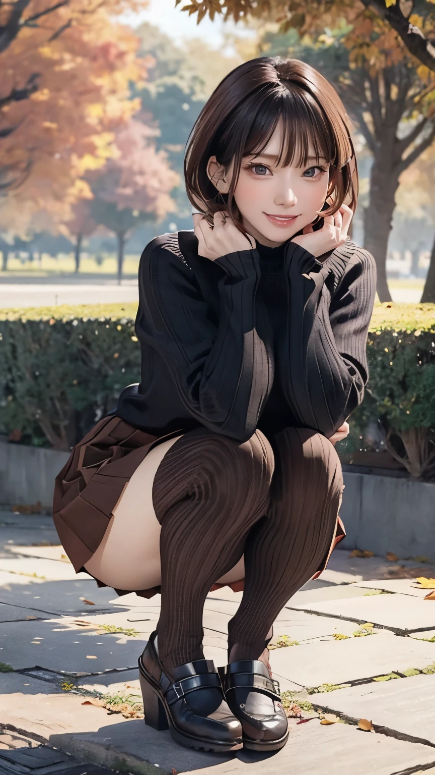 One woman standing,  mature woman , /( Ribbed sweater/) /( red pleated skirt/), /(Brown Hair/) bangs,  Gentle Blushing Smile , ( greatest masterpiece highest quality :1.2)  Delicate Ultra Detailed Illustrations,  big breasts at the temple, Put your arms down , /(Outdoors in the park/) Brick Road, Autumn leaves on a tree々,  detailed background ,choker,Black tights,(full body),(((hidden sex)))