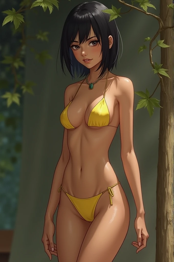 gorgeous savage amazon ((Aubrey Plaza)), dark forest, voluptuous chubby belly, (((pixar))), dynamic, very tight micro bikini, very short hair, thick eyebrows, very pale wet skin