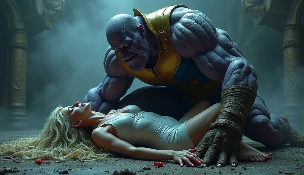 In a dimly lit room, Thanos, a large and imposing figure with a grim expression, is standing close to Natasha Romanov, a young woman with red hair. Natasha is leaning against a cold stone wall, her shirt slightly lifted to expose her bare abdomen. Thanos are pressing natasha’s stomach with his right hand. Natasha’s face reflects a mix of resignation and discomfort as she stands against the wall. The atmosphere is tense, with the shadows in the room emphasizing the unsettling and overpowering nature of the scene.