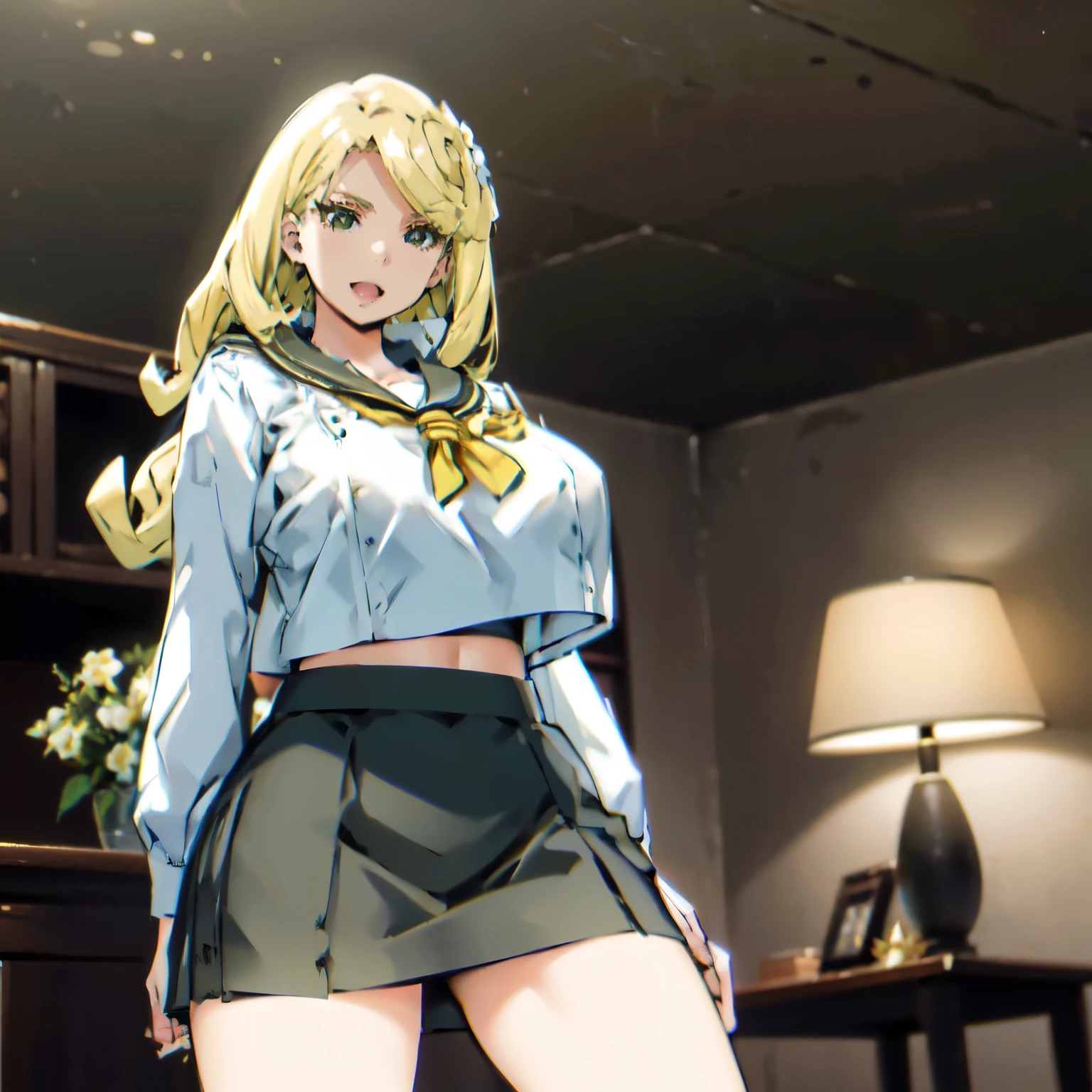 blonde hair, very huge tits, ((sailor uniform, short skirt)), thick, busty, green eyes, long hair, upperbody, circle bangs, smile, legs, thigh, flower background