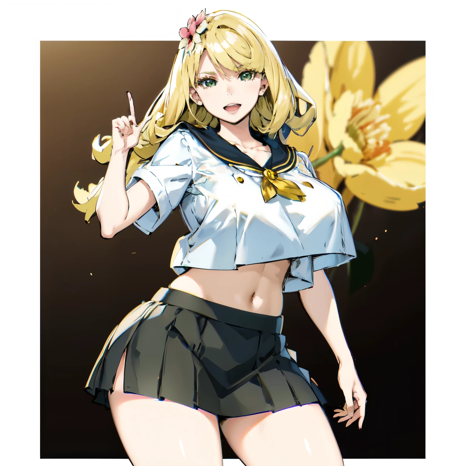 blonde hair, very huge tits, ((sailor uniform,  short skirt)), thick, busty, green eyes,  long hair, upperbody, circle bangs,  smile, legs, thigh, flower background