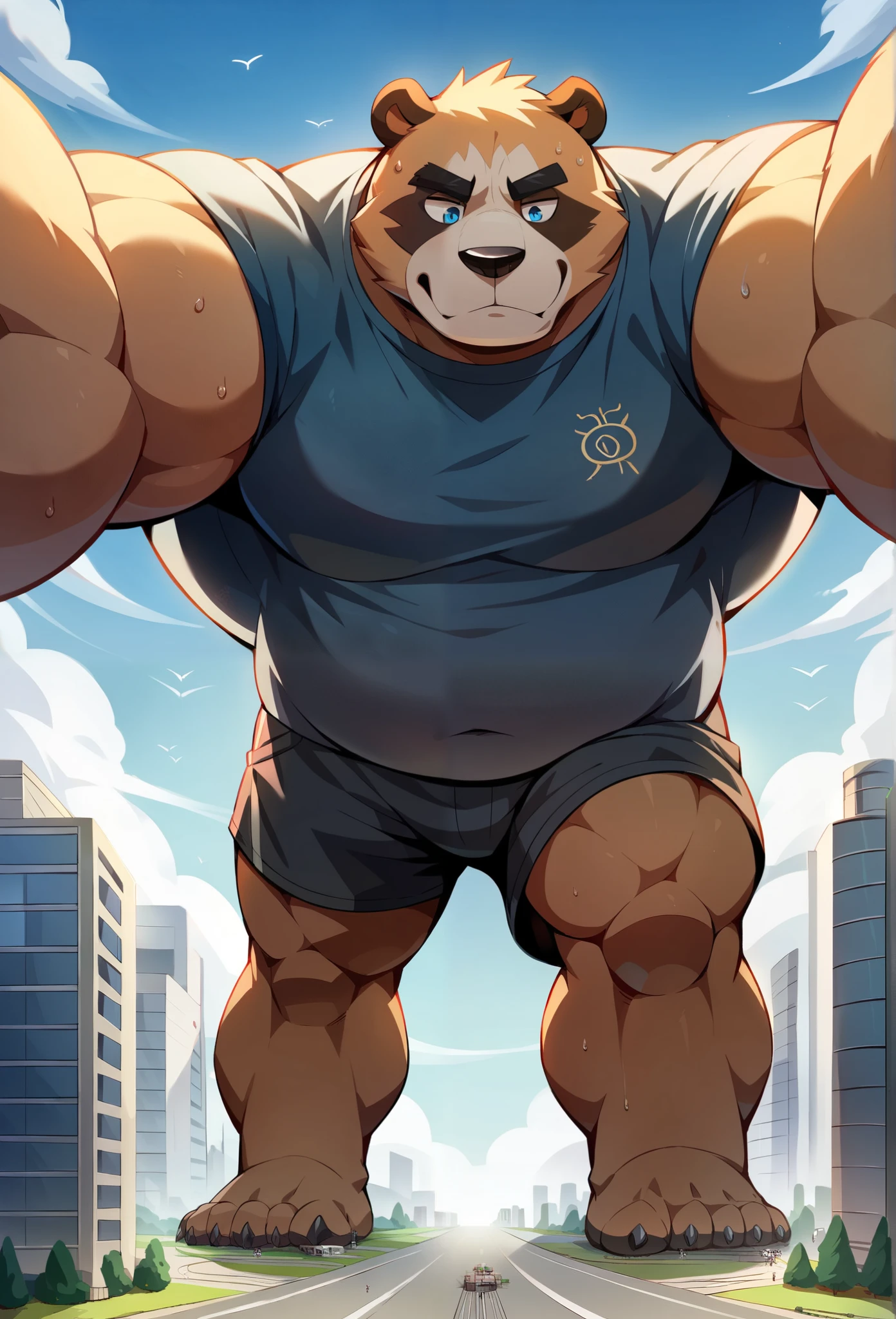 nj5furry, Panda bear , Lonely, beast field ,pummelig, thick arms,strong muscles,Shorts,Plush ,chubby face, black eyebrows , sky blue eyes ,bart,relaxed face,standing in the street,on the stomach, Vati, (From underneath:1.1),lie down,( shirt says "Vati",Shorts),sunlight, City, Large road crossing , smelly feet ,(sweat),von zixiong, takemoto arashi, (Massiv:3.0, ( heavyweight ,stark,Macro, Emphasize, so gross wie ein High-rise building ))