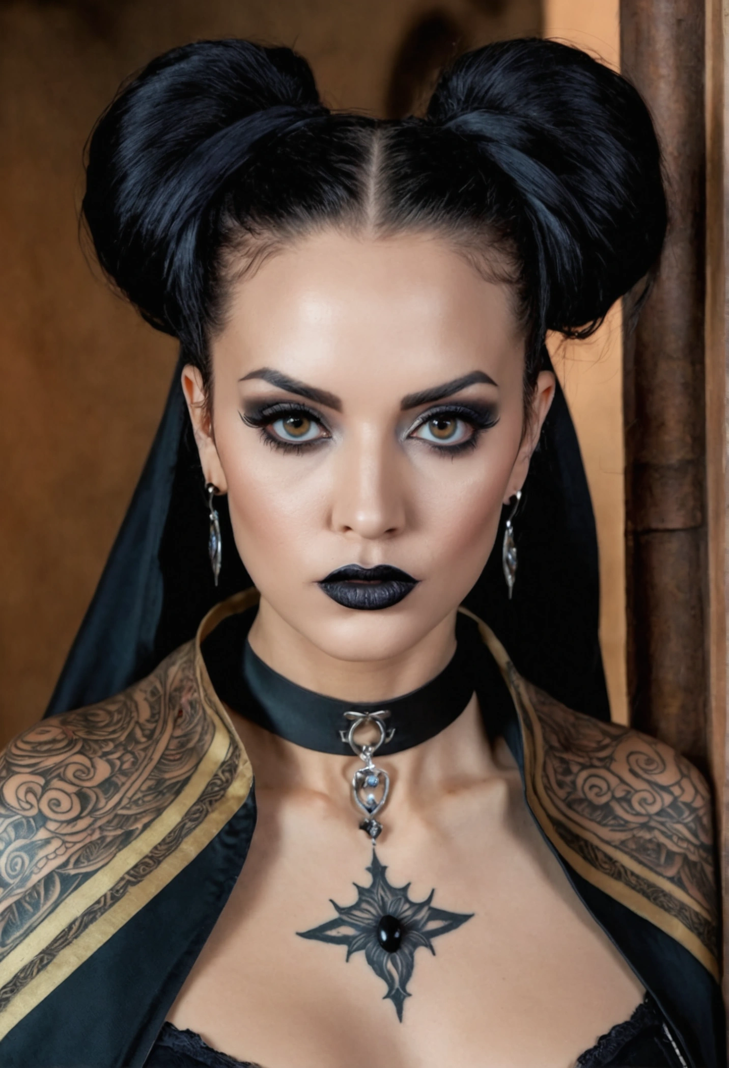 Hyper photo realistic picture perfect Hr giger tattoos on female model, sexy seductive facial features, hr giger tattooed face, smooth snow white skin, thin curved black eyebrows, Black eyeliner, dark black eye shadow, Florescent orange eyes, sexy seductive eyes, thick black lipstick, curved lips, extremely detailed long black wavy hair, vibrant red highlights, earrings, lip piercings, choker collar with chains, ((complete fullbody)), larg voluptuous breast, detailed small perky nipples, tattooed breast, hr giger tattooed Sternum underboob, hr giger tattooed stomach, slim waist, toned hips, toned thighs, tattooed back, tattooed hips, teenage vagina, perfect pussy, thick toned ass. Hr giger tattooed vagina, hr giger tattooed ass, drakania armor, full body portrait 