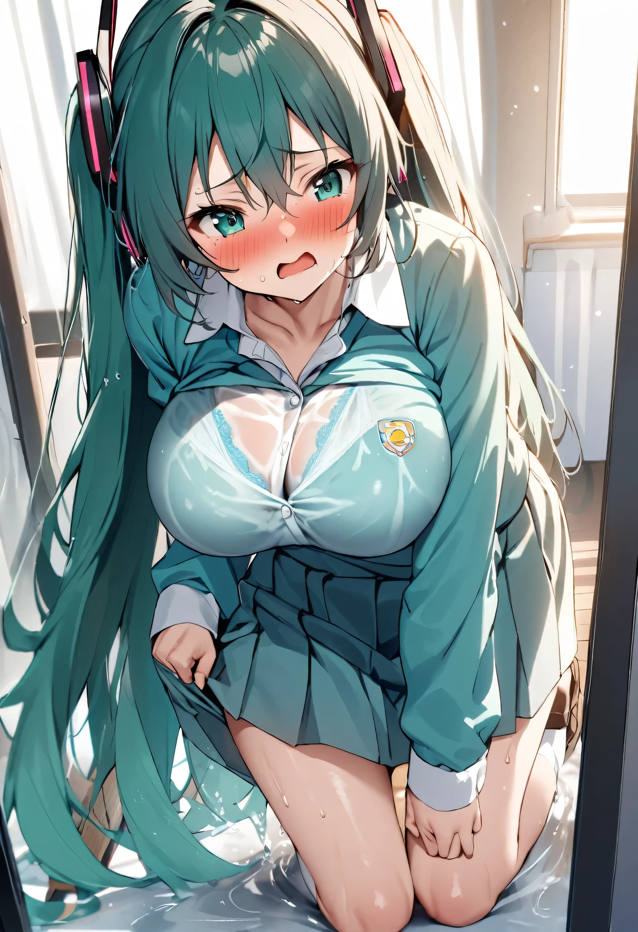 Young Hatsune Miku、girl、独奏、blush、Huge breasts、girl、Kindergarteners、、、、、be happy、Striped panties、Long skirt、Long sleeve、Colorful student uniforms、、blazer、Clothes are see-through、From below、Wet clothes、Transparent nipples