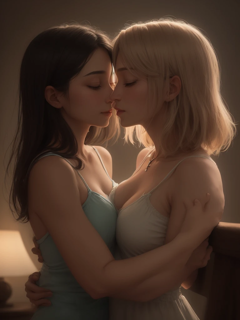 real photograph, (Top image quality, 8k, ​masterpiece), top-quality, 超A high resolution,2 Japan Girls,ld, pretty face, multicolored lace bra, kawaii faces, Melancholy look, kissing, double eyelid、big breasts:1.4、blond bob hair、black long hair, night modern room、window, Twinkling starry sky and big moon, Movie Lighting, Photorealsitic, real looking skin, NFSW, 35mm, Shot with Leica,