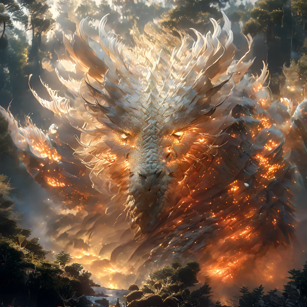 High Resolution, High Quality, Masterpiece. Hyperrealistic hyperrealism. surrealism, overdetalization, golden ratio, And, as in uffish thought he stood,
The Jabberwock, with eyes of flame,
Came whiffling through the tulgey wood,
And burbled as it came!., sharp focus, intricate details, digital painting, trending on ArtStation, ultra-high definition , 32K . textures, iridescent and luminescent scales, breathtaking beauty, pure perfection, divine presence, unforgettable, impressive, breathtaking beauty, Volumetric light, auras, rays, vivid colors reflects. Dramatic lighting,