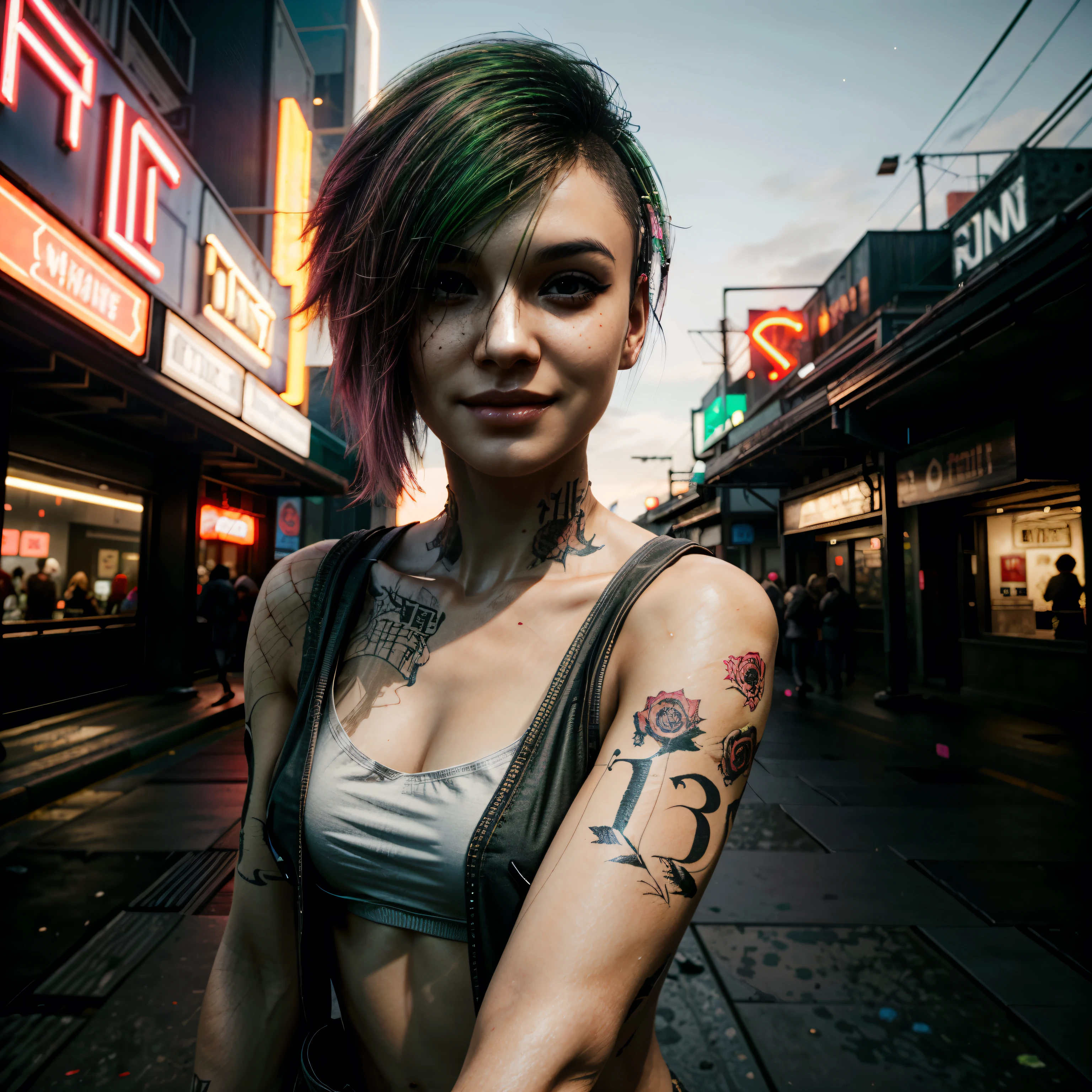 (masterpiece:1.2),(best quality:1.2),(high resolution:1.2)
 CyberJudy, 1girl, solo, asymmetrical hair, green hair, pink hair, brown eyes, tattoo, smiling, walking in night city cyberpunk 2077