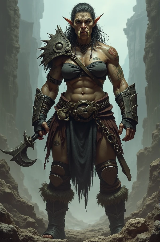 Best quality, cinematic image, Detailed image, Beautiful woman, a wild boar, fierce look, beautiful detailed amber eyes, thick eyelashes, thick eyebrows, rat, high, muscular woman, very long wavy black hair, nail, loincloth, the forest