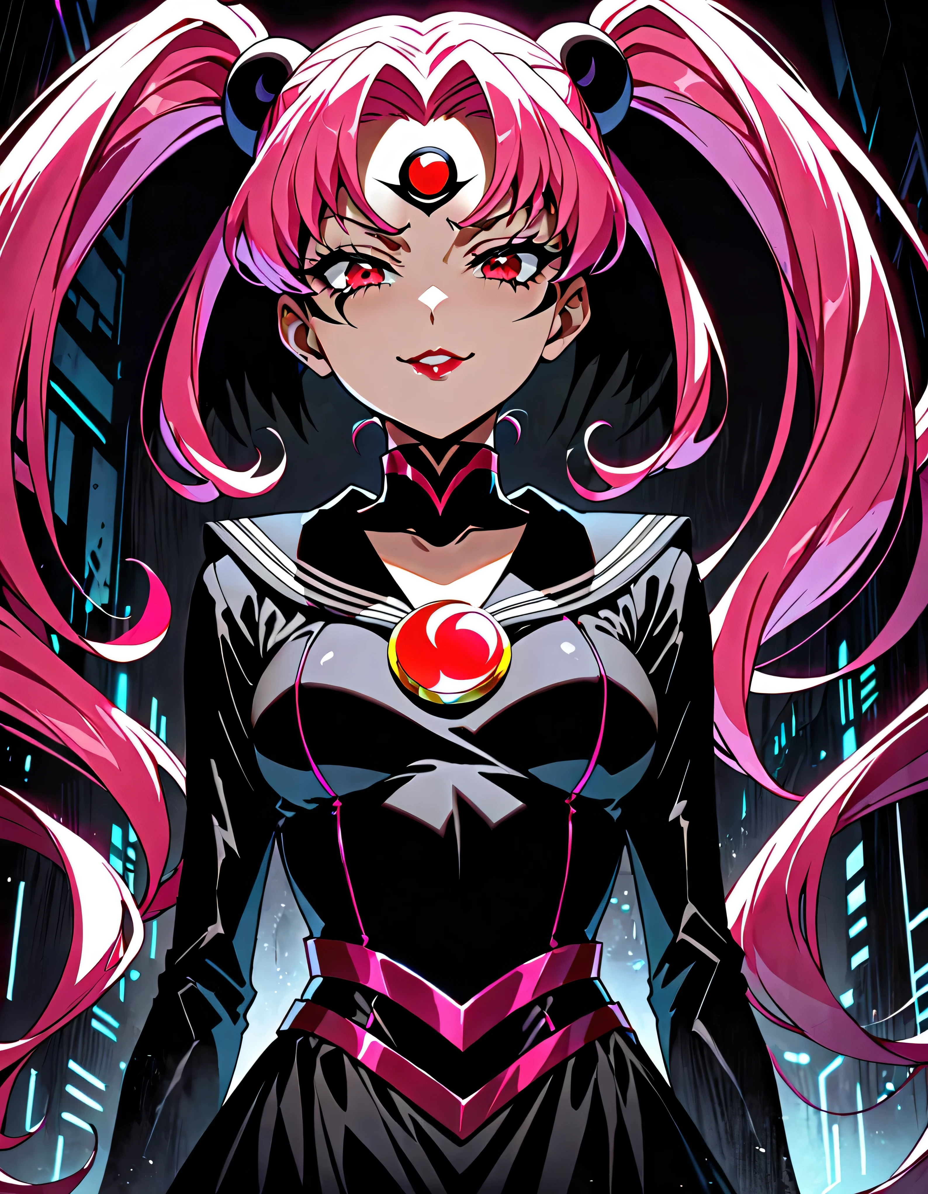  Sailor Moon Wicked Lady, Pink Hair, Red eyes, ,  Black Crescent Moon Mark on Forehead , very evil smirk,beautiful body,shaded face(eyes in evil shadow),((masterpiece,best quality)), absurdes,black dress,upper body,beautiful face,,looking down at viewer,twintail,,Sadistic ridicule,look down,looking down at viewer, ,,from below,close up,Dark Side、Alone.1girl、darkness,wander,cyberpunk,Overflowing black ink background,