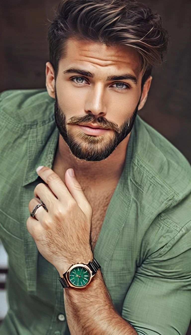  Un homme européen avec une barbe et une montre au poignet., homme attirant, beau et attirant,  Bel homme , homme attirant,  attrayant et beau face , bel homme, masculin et beau, Beau visage, perfect Beau visage, Beau visage and beautiful face, portant une montre,  bel jeune homme, extrêmement beau, very homme attirant with beard, bonne mine,  attrayant et beau,  coupe de cheveux moderne pose sexy ,  Anatomiquement correct, photographie sépiée ,   chemise vert clair  