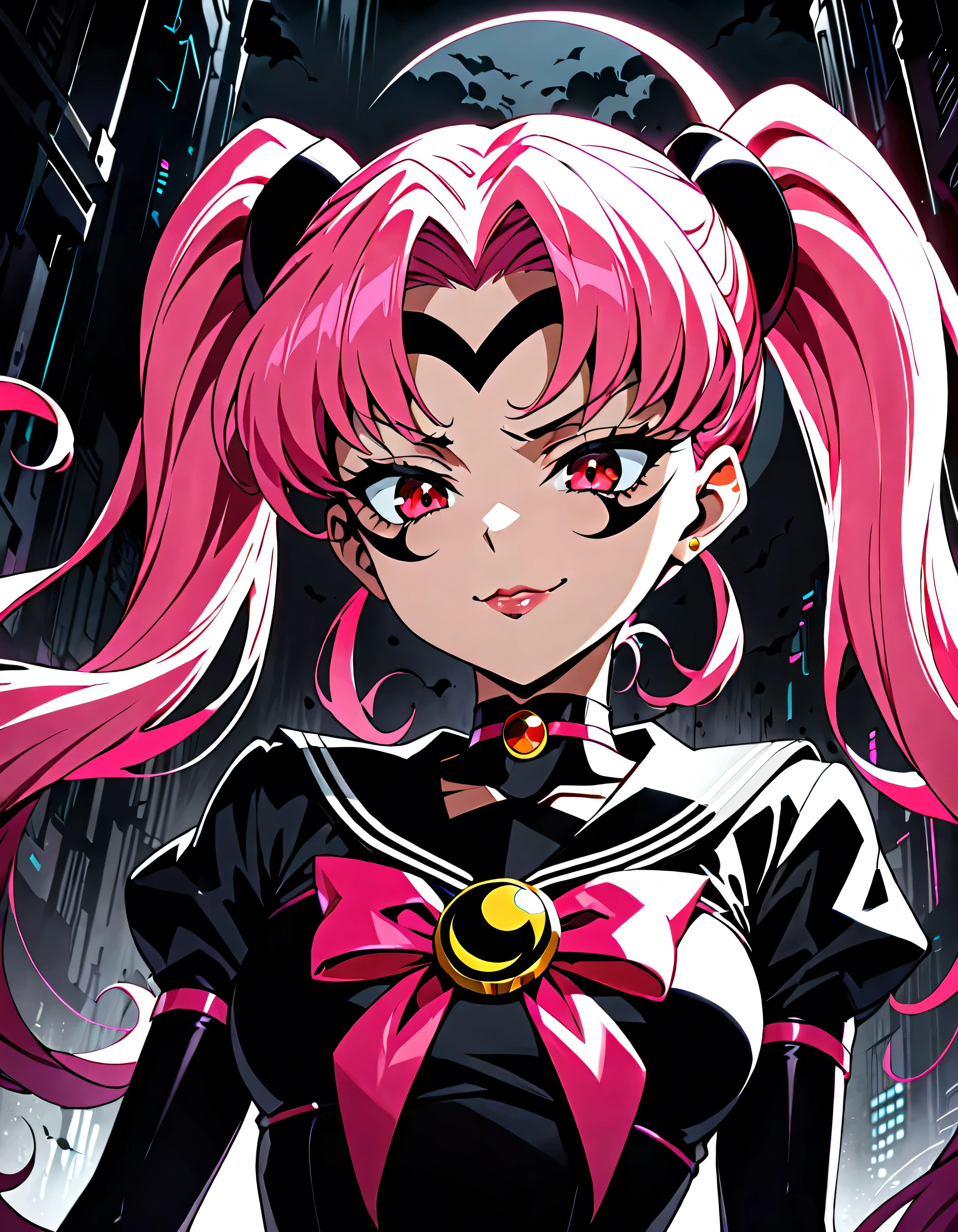  Sailor Moon Wicked Lady, Pink Hair, Red eyes, ,  Black Crescent Moon Mark on Forehead , very evil smirk,beautiful body,shaded face(eyes in evil shadow),((masterpiece,best quality)), absurdes,black dress,upper body,beautiful face,,looking down at viewer,twintail,,Sadistic ridicule,look down,looking down at viewer, ,,from below,close up,Dark Side、Alone.1girl、darkness,wander,cyberpunk,Overflowing black ink background,