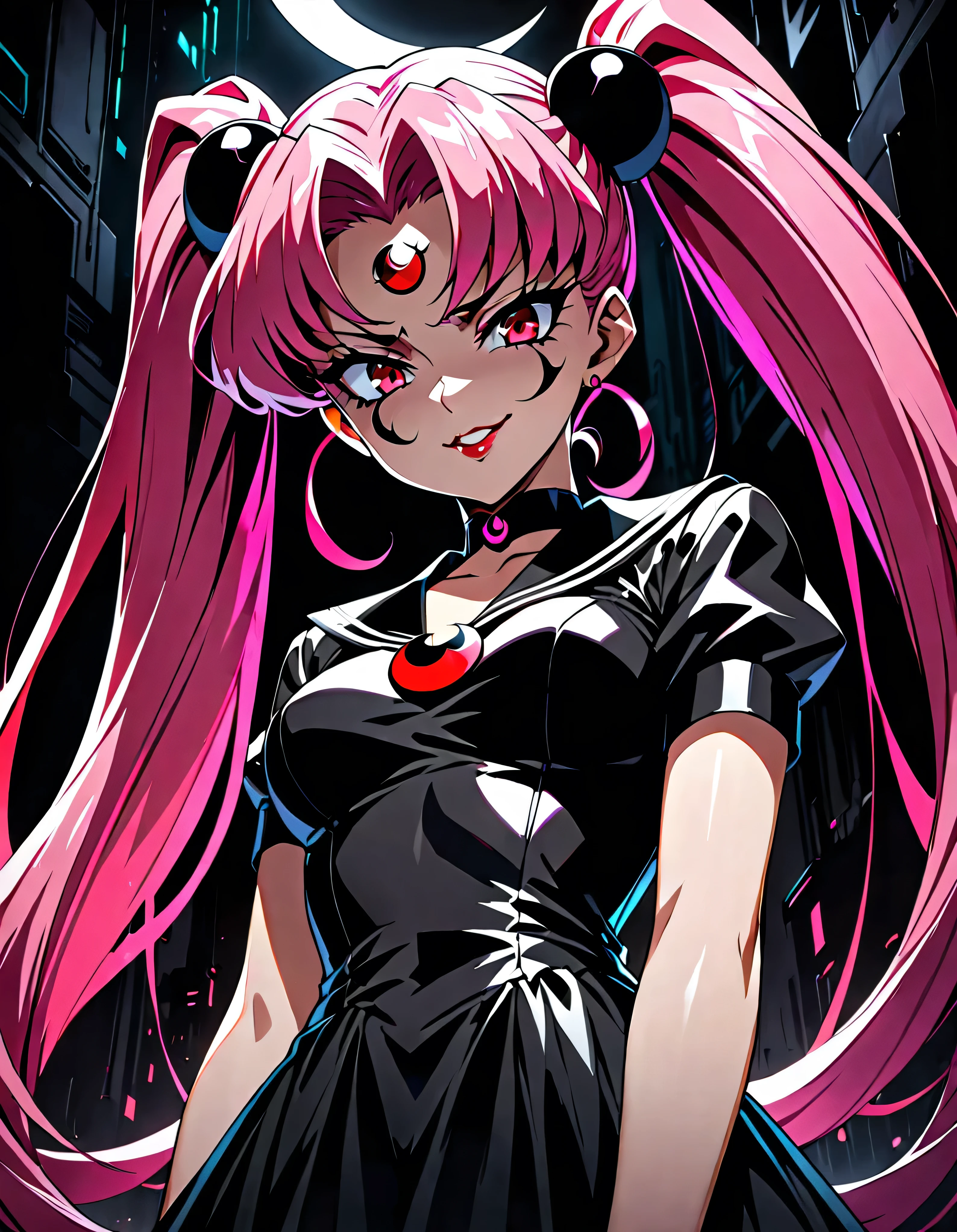  Sailor Moon Wicked Lady, Pink Hair, Red eyes, ,  Black Crescent Moon Mark on Forehead , very evil smirk,beautiful body,shaded face(eyes in evil shadow),((masterpiece,best quality)), absurdes,black dress,upper body,beautiful face,,looking down at viewer,twintail,,Sadistic ridicule,look down,looking down at viewer, ,,from below,close up,Dark Side、Alone.1girl、darkness,wander,cyberpunk,Overflowing black ink background,