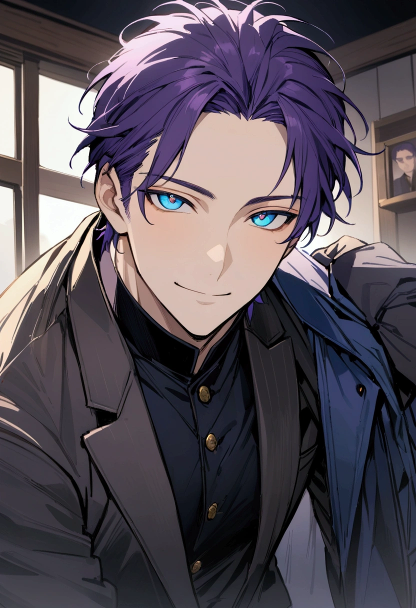 whole body、Character portrait、male、masterpiece、Handsome、The forehead is visible、1 man,  purple Hair、Worn suit、Jacket、Give bangs、Showing his forehead、Handsome、Intricately drawn eyes、good looking、((blue eyes)), 30 years old, handsome male, beautiful smile