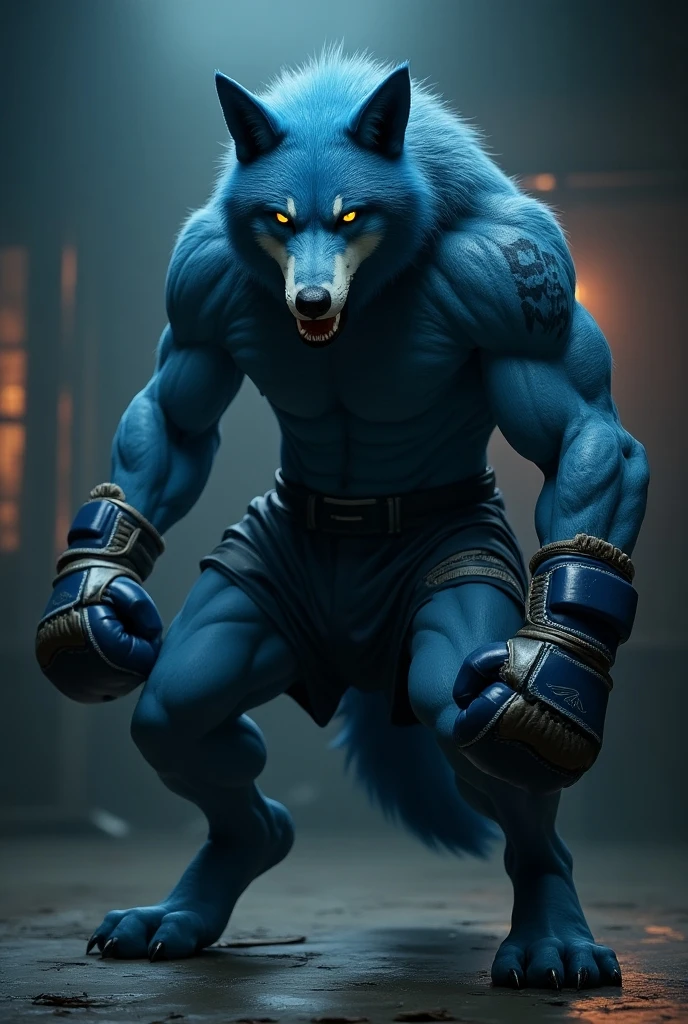 Humanoid wolf training in the shadows of an mma gym