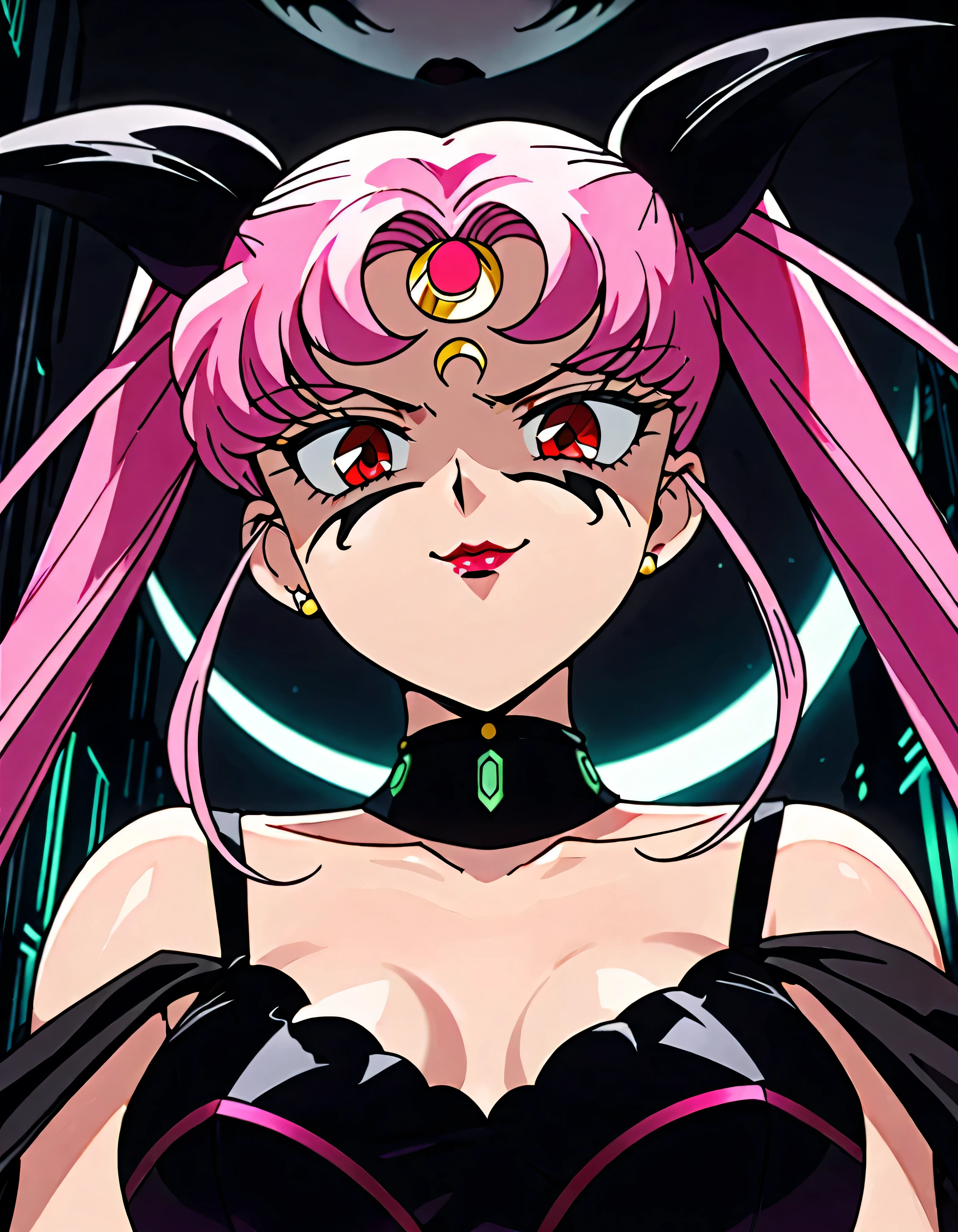  Sailor Moon Wicked Lady, Pink Hair, Red eyes, ,  Black Crescent Moon Mark on Forehead , very evil smirk,beautiful body,shaded face(eyes in evil shadow),((masterpiece,best quality)), absurdes,black dress,upper body,beautiful face,,looking down at viewer,twintail,,Sadistic ridicule,look down,looking down at viewer, ,,from below,close up,Dark Side、Alone.1girl、darkness,wander,cyberpunk,A large amount of black ink covering the body