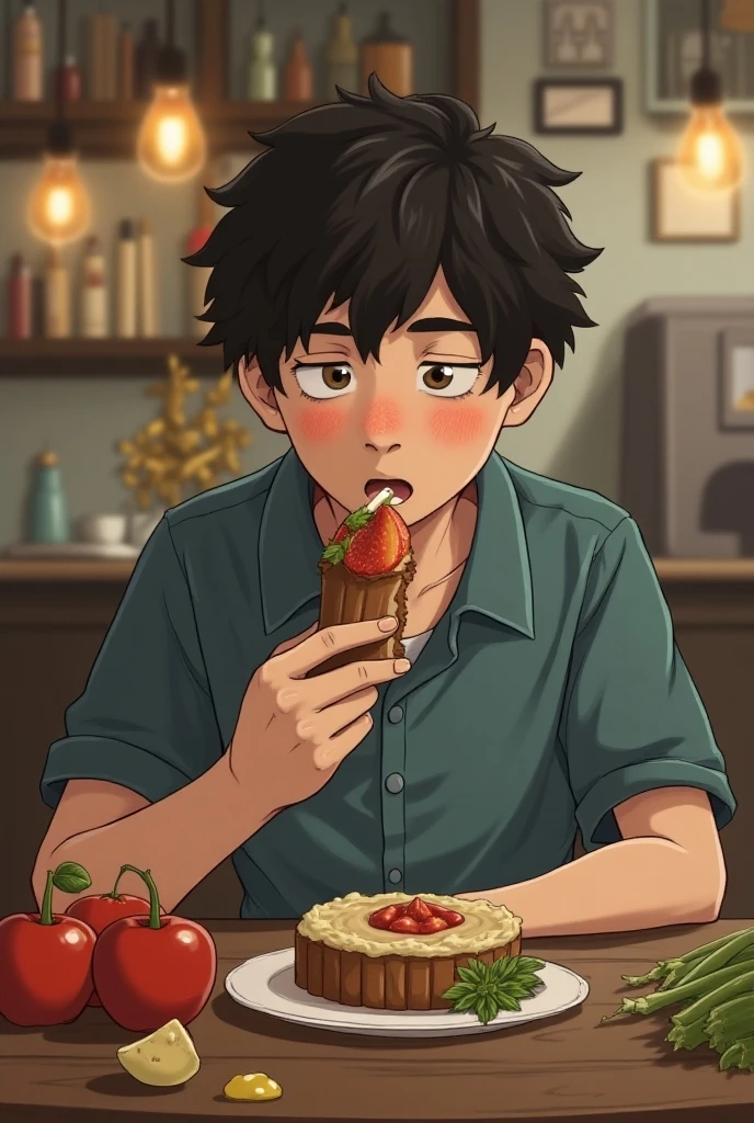 (1man), solo, beautiful detailed eyes, {{{masterpiece}}}, {{{best quality}}}, {{ultra-detailed}}, {illustration}, cinematic angle, {beautiful detailed eyes}, {detailed light},cinematic lighting, handsome man, very short hair. A carefree man in casual attire, sporting a vibrant graphic t-shirt and shorts. He has a carefree expression on his face, radiating a sense of joy and contentment. In the table, there's a colorful plate filled with a variety of appetizing snacks, like fresh fruit or a selection of tasty sliders. The setting is an outdoor picnic area, surrounded by lush greenery and blooming flowers. The environment is filled with the sounds of chirping birds and the gentle rustle of leaves. The atmosphere is lively and cheerful, capturing the essence of a carefree summer day. The style for this image is painting, using bright and bold colors to convey the vibrancy of the scene.
