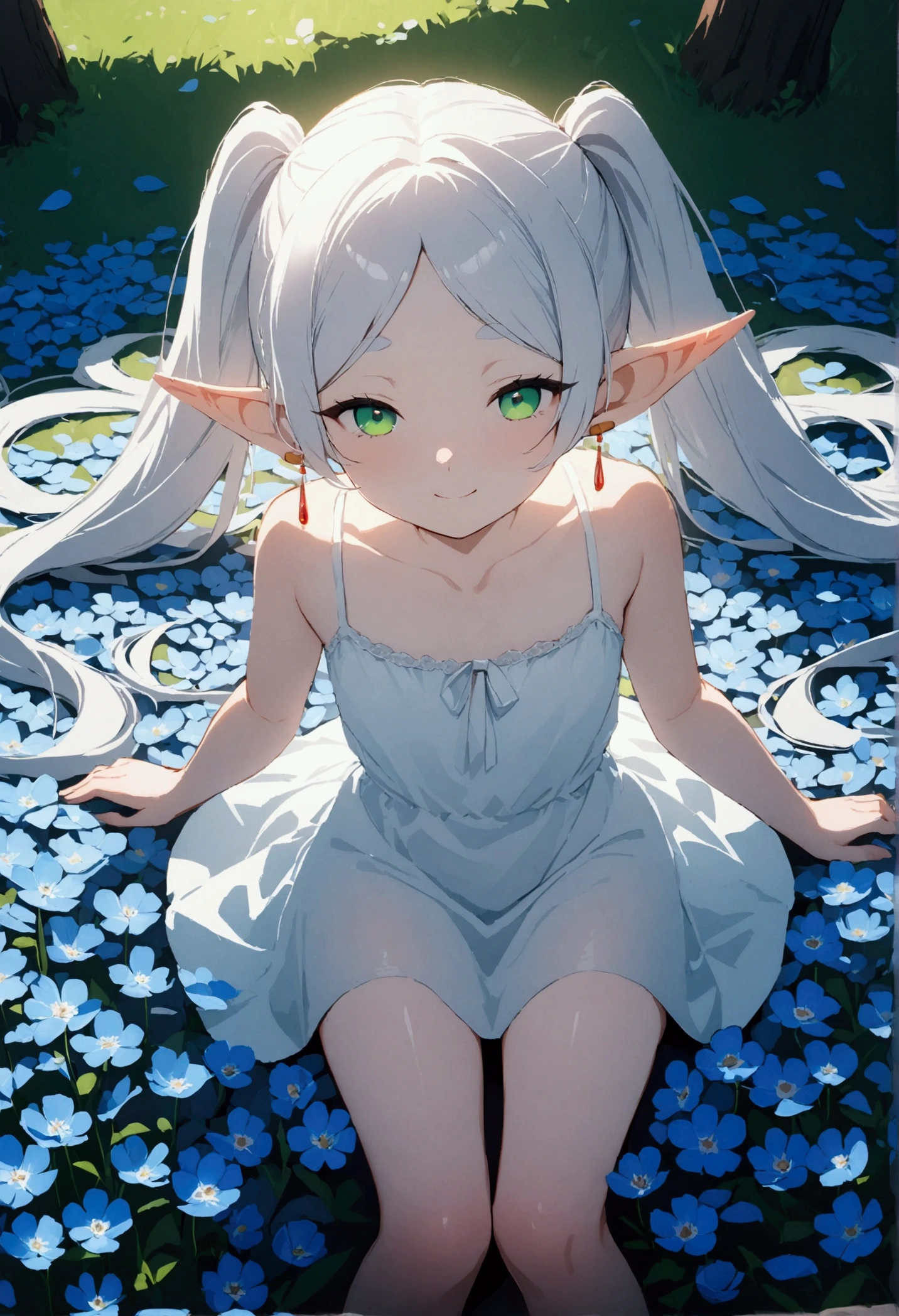  High image quality 、masterpiece、  high quality、Full HD、4K 、A girl is sleeping on the ground 、View from above、 and close your thighs、Show me your side、 Funeral Freelen、  silver hair、  twin tails、 Green Eyes、Elf Ears、 Red Earrings 、 white camisole、  flat chest、smile、Blue Flower Field、Many petals are flying