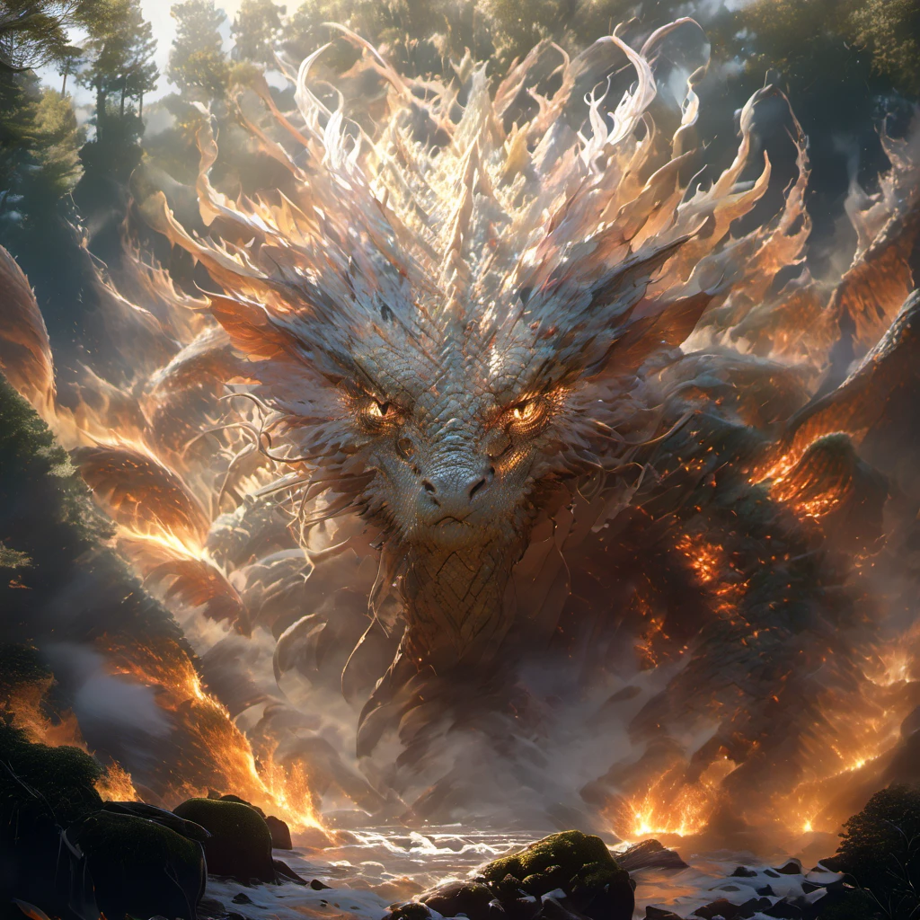 High Resolution, High Quality, Masterpiece. Hyperrealistic hyperrealism. surrealism, overdetalization, golden ratio, And, as in uffish thought he stood,
The Jabberwock, with eyes of flame,
Came whiffling through the tulgey wood,
And burbled as it came!., sharp focus, intricate details, digital painting, trending on ArtStation, ultra-high definition , 32K . textures, iridescent and luminescent scales, breathtaking beauty, pure perfection, divine presence, unforgettable, impressive, breathtaking beauty, Volumetric light, auras, rays, vivid colors reflects. Dramatic lighting,