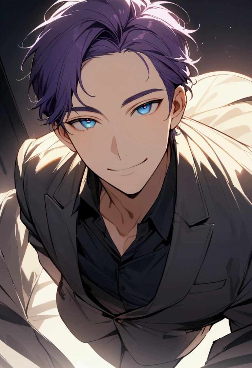 whole body、Character portrait、male、masterpiece、Handsome、The forehead is visible、1 man,  purple Hair、Worn suit、Jacket、Give bangs、Showing his forehead、Handsome、Intricately drawn eyes、good looking、((blue eyes)), 30 years old, handsome male, beautiful smile