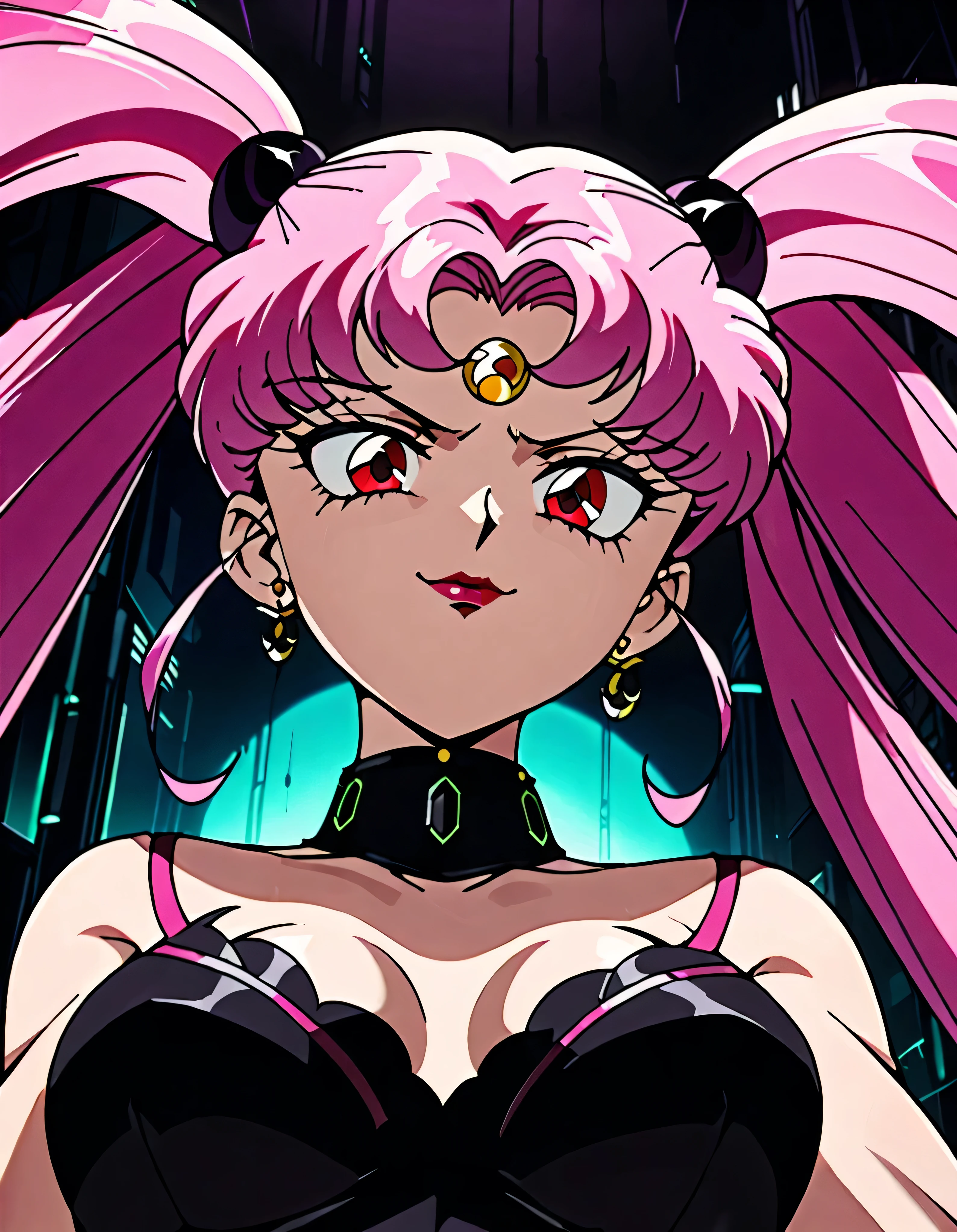  Sailor Moon Wicked Lady, Pink Hair, Red eyes, ,  Black Crescent Moon Mark on Forehead , very evil smirk,beautiful body,shaded face(eyes in evil shadow),((masterpiece,best quality)), absurdes,black dress,upper body,beautiful face,,looking down at viewer,twintail,,Sadistic ridicule,look down,looking down at viewer, ,,from below,close up,Dark Side、Alone.1girl、darkness,wander,cyberpunk,A large amount of black ink covering the body