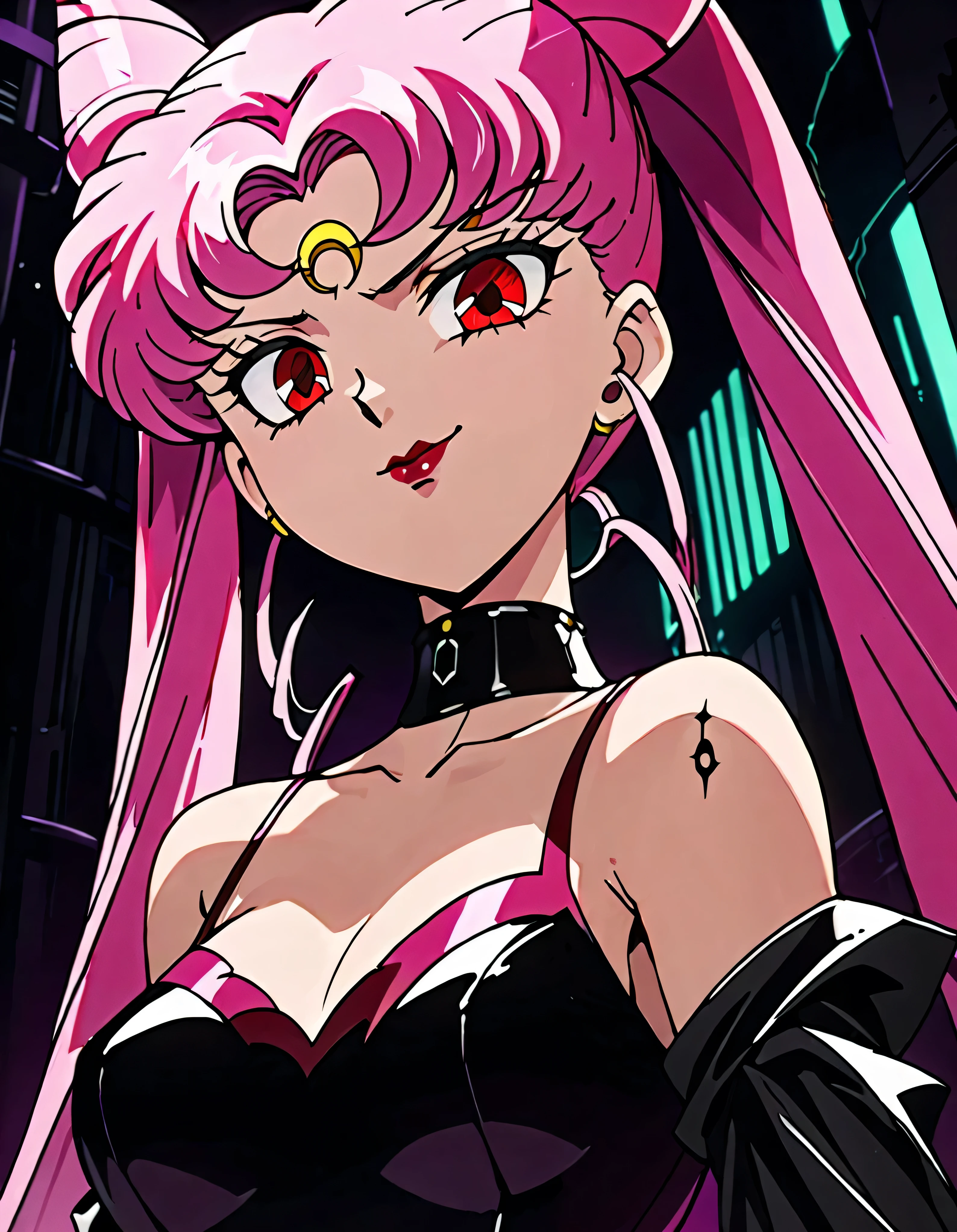  Sailor Moon Wicked Lady, Pink Hair, Red eyes, ,  Black Crescent Moon Mark on Forehead , very evil smirk,beautiful body,shaded face(eyes in evil shadow),((masterpiece,best quality)), absurdes,black dress,upper body,beautiful face,,looking down at viewer,twintail,,Sadistic ridicule,look down,looking down at viewer, ,,from below,close up,Dark Side、Alone.1girl、darkness,wander,cyberpunk,A large amount of black ink covering the body