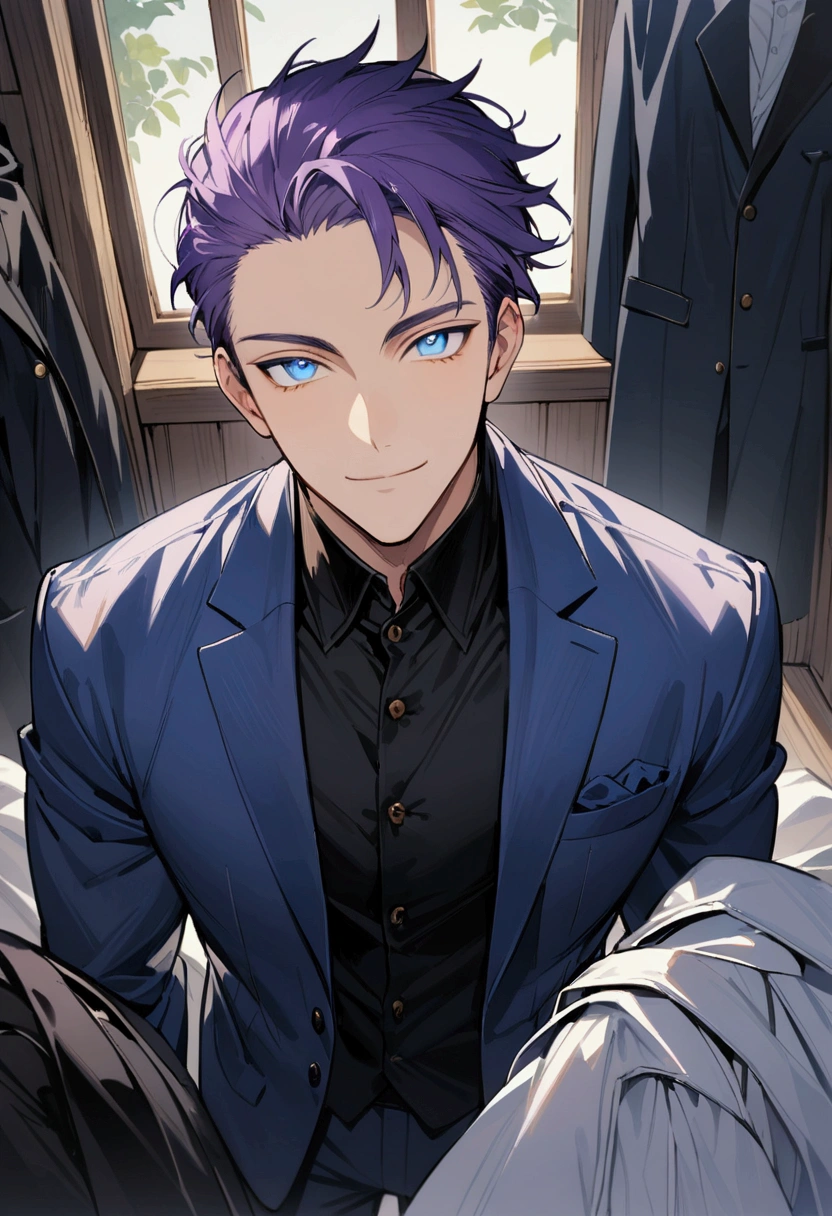 whole body、Character portrait、male、masterpiece、Handsome、The forehead is visible、1 man,  purple Hair、Worn suit、Jacket、Give bangs、Showing his forehead、Handsome、Intricately drawn eyes、good looking、((blue eyes)), 30 years old, handsome male, beautiful smile