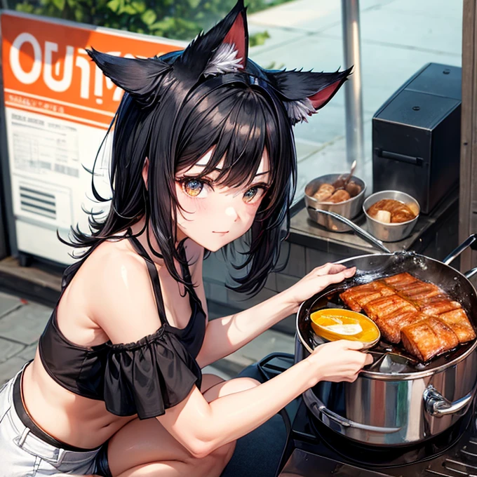 a smiling woman with cat ears, short hair, red eyes, casual clothes eating Bentō in a modern house
