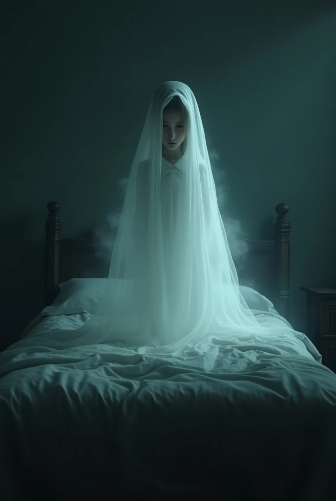 ghost lying on a bed 