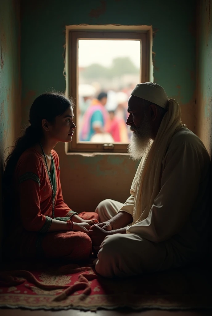 Generate a image of Indian muslim girl having age of 20 who is talking with a sadhu and she is seated inside a bus hyper realistic image