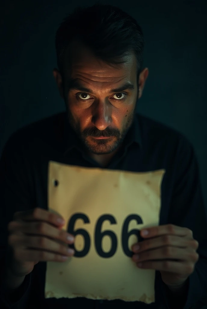 a man fearfully staring at the number 666 printed on paper, ((a sequence of inauspicious numbers, 4, 6, 9, 11, 13, 18, 46, 666)), highly detailed, photorealistic, 8k, dark moody lighting, dramatic chiaroscuro, gloomy atmosphere, unsettling, unsettling expression, intense gaze, tense, apprehensive, fearful, anxiety, horror, dramatic lighting, cinematic composition