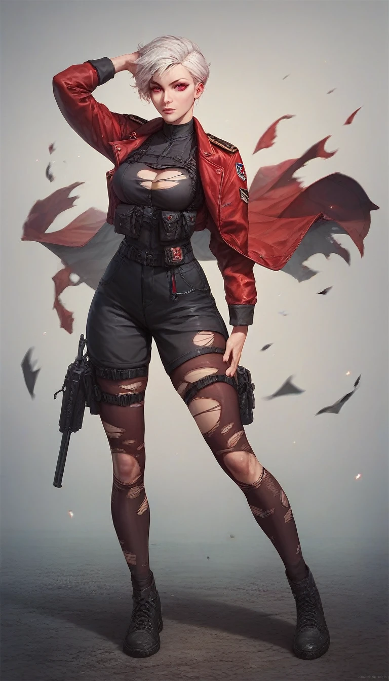 Seras Victoria, full body, seductive, red eyes, torn military uniform 