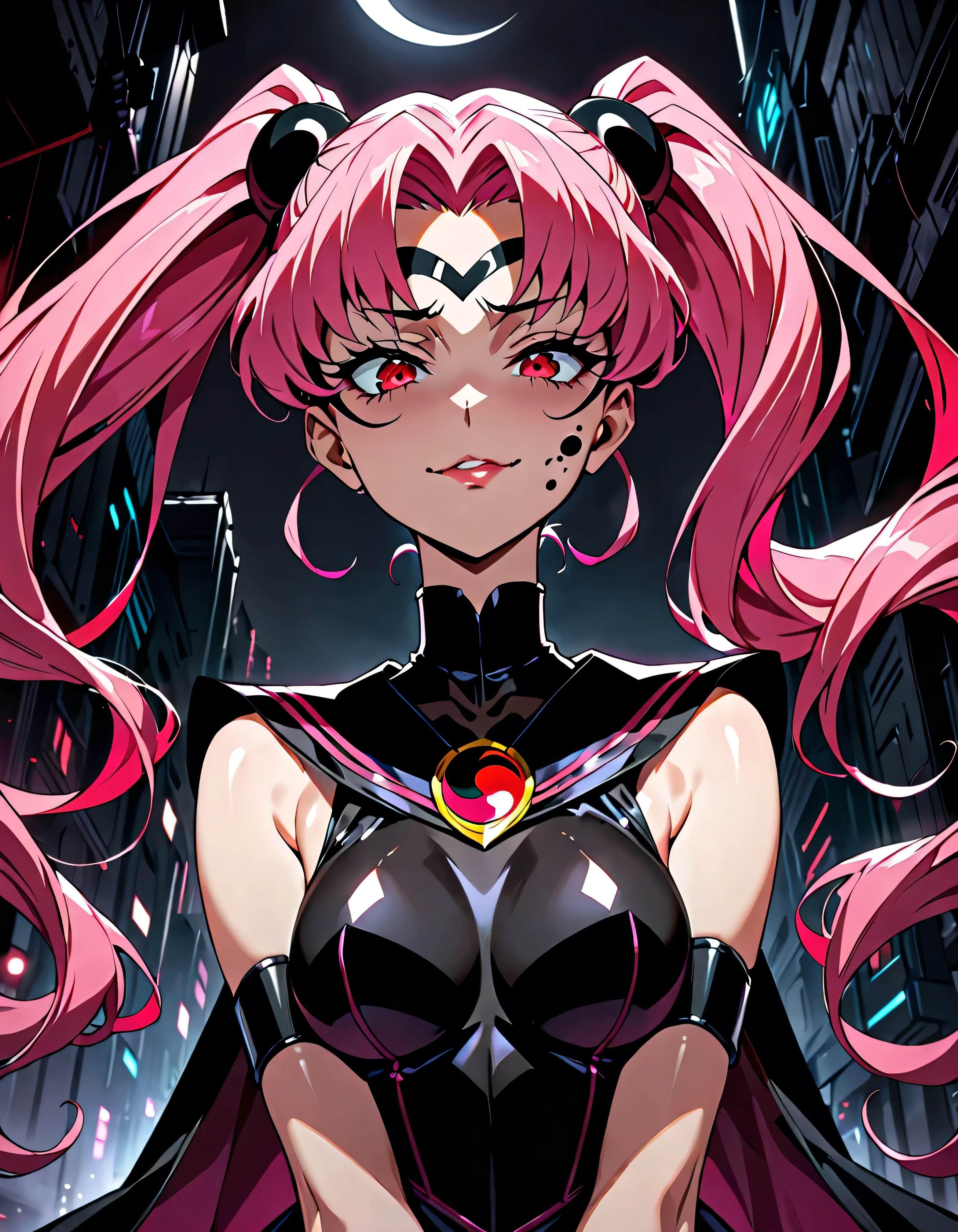  Sailor Moon's Wicked Lady, Pink Hair, Red eyes, ,  Black Crescent Moon Mark on Forehead , very evil smirk,beautiful body,shaded face(eyes in evil shadow),((masterpiece,best quality)), absurdes,black dress,upper body,beautiful face,,looking down at viewer,twintail,,Sadistic ridicule,look down,looking down at viewer, ,,from below,close up,Dark Side、Alone.1girl、darkness,wander,cyberpunk,Massive amounts of black mucus covering the world 