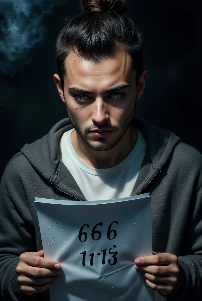 a man fearfully staring at the number 666 printed on paper, ((a sequence of inauspicious numbers, 4, 6, 9, 11, 13, 18, 46, 666)), highly detailed, photorealistic, 8k, dark moody lighting, dramatic chiaroscuro, gloomy atmosphere, unsettling, unsettling expression, intense gaze, tense, apprehensive, fearful, anxiety, horror, dramatic lighting, cinematic composition