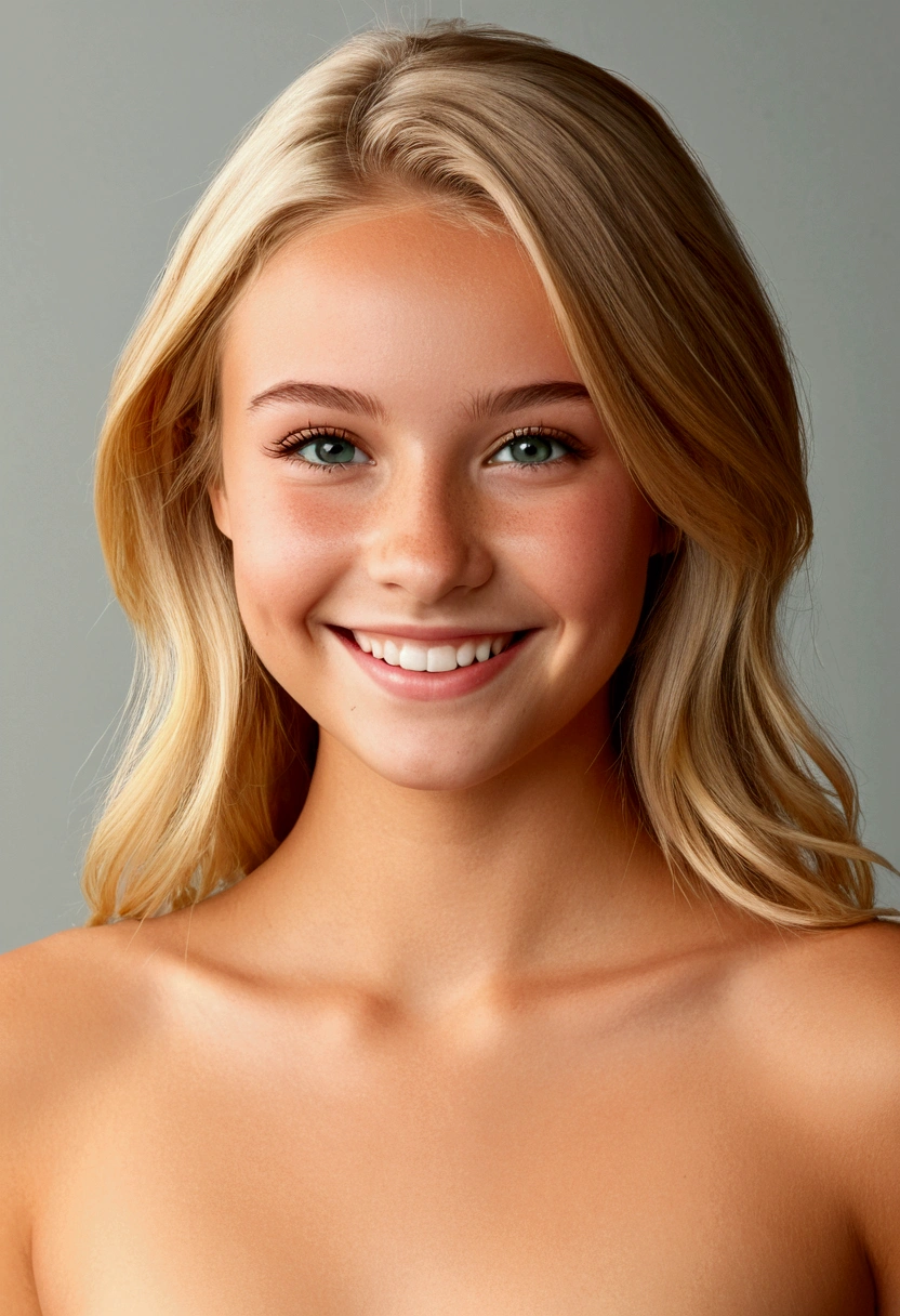 A photo of a pretty girl, front view, slim, smiling, naked, riley