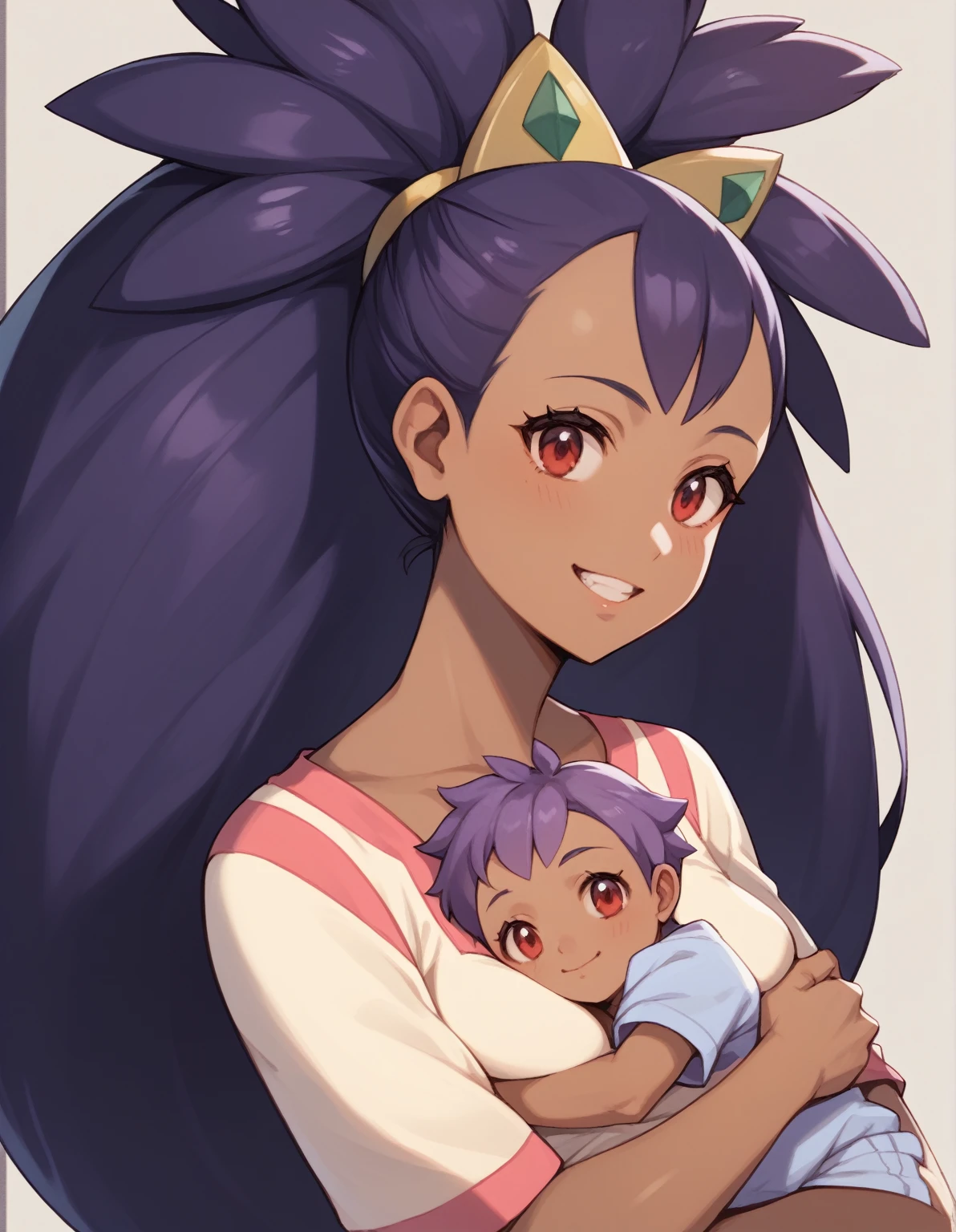  source_anime ,Best Quality, Masterpiece, ultra high resolution, iris \(pokemon\), purple hair, long hair, red eyes, dark skin, big hair,small breasts,BREAK mother and baby, small girl,hugging up, baby,