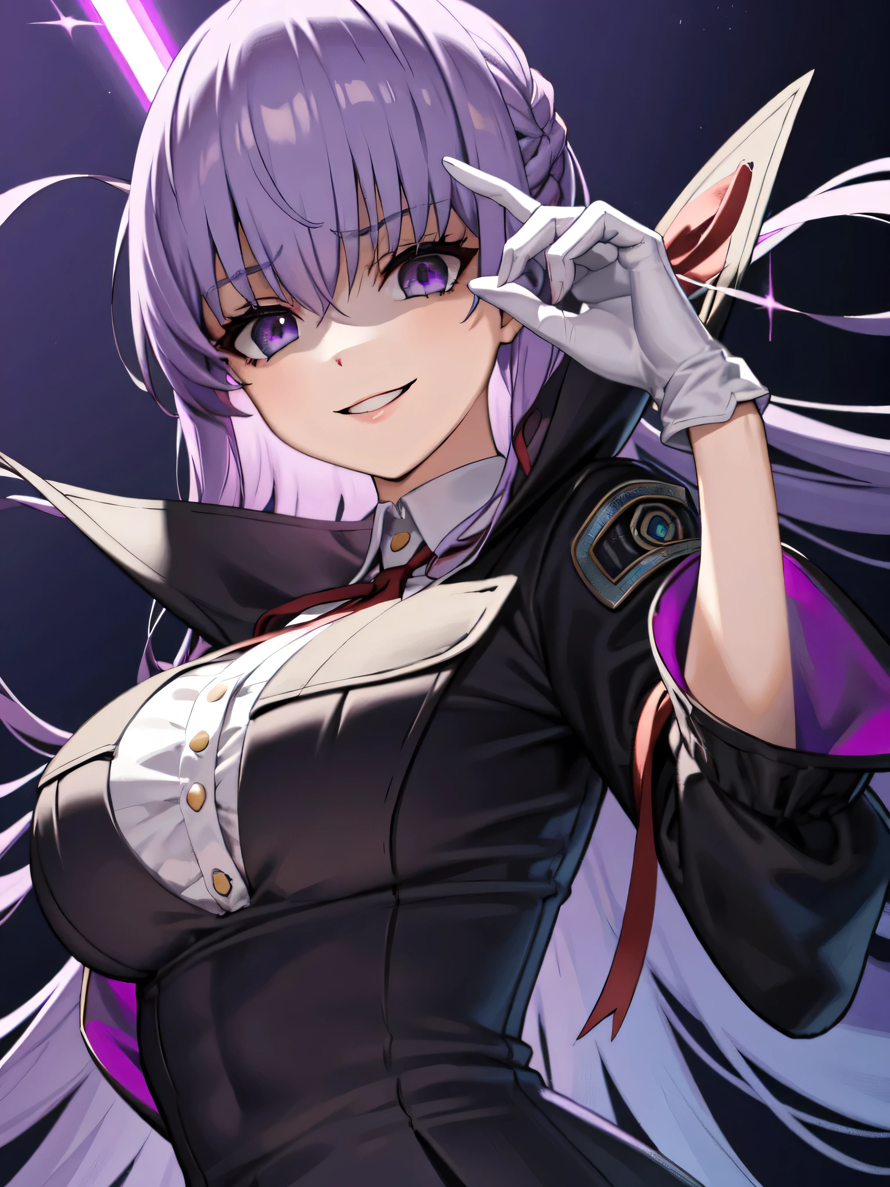  Isoscale, Mid Shot,  night, ,,, Purple Hair, Black jacket, , Red ribbon, Big Breasts, Purple eyes, White gloves, Long Hair, Large collar, Wicked Smile,,,(Wicked Smile:1.3),Highly detailed CG Unity 8K wallpapers, Perfect lighting,,Looking down at the viewer,,Anxious smile,Black and purple world background,deep shaded face(eyes in shadow),solo,Yandere,,look down,looking down at viewer, ,,from below,close up,Dark Side、