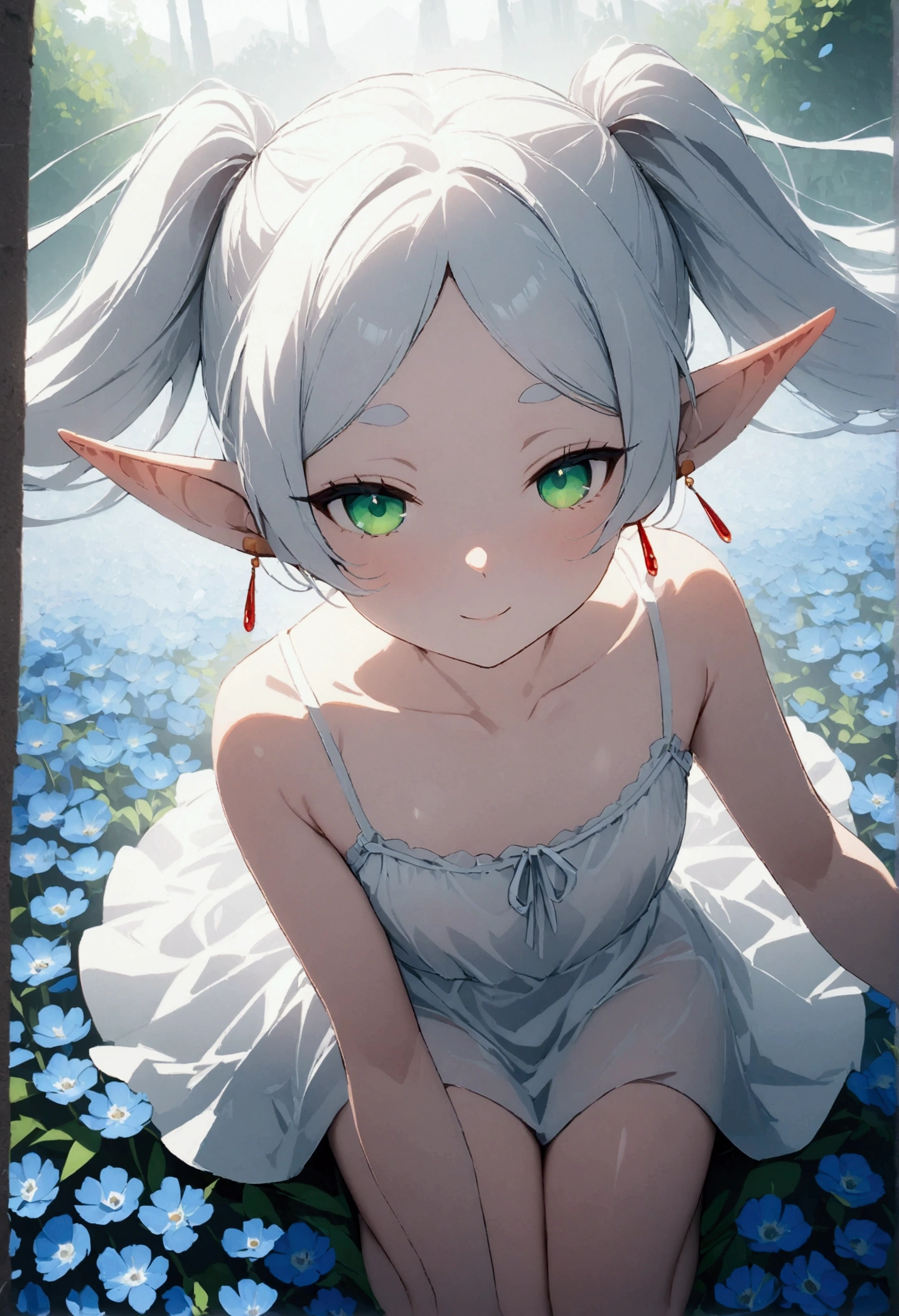  High image quality 、masterpiece、  high quality、Full HD、4K 、A girl is sleeping on the ground 、View from above、 and close your thighs、Show me your side、 Funeral Freelen、  silver hair、  twin tails、 Green Eyes、Elf Ears、 Red Earrings 、sheer white camisole、  flat chest、smile、Blue Flower Field、Many petals are flying