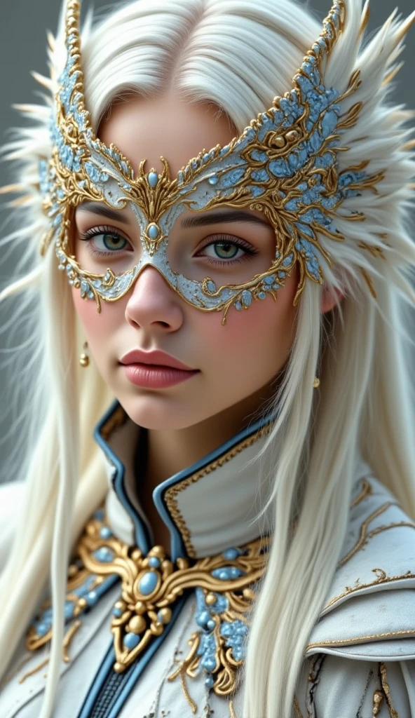 The woman's hair is styled in a way that mimics the feathers of an owl, with a few golden accents scattered throughout. Her lips are full and slightly parted, adding a touch of vulnerability to her otherwise enigmatic expression. She wears a high-collared, ornate garment that is predominantly white with blue and gold accents, resembling armor or a fantasy costume. The fabric is intricately detailed with patterns and textures that enhance the fantastical nature of the piece. The background is a soft, off-white color, allowing the focus to remain on the woman's face and the intricate details of her mask and attire. The overall style is a blend of realism and fantasy, with a focus on texture and detailed craftsmanship.