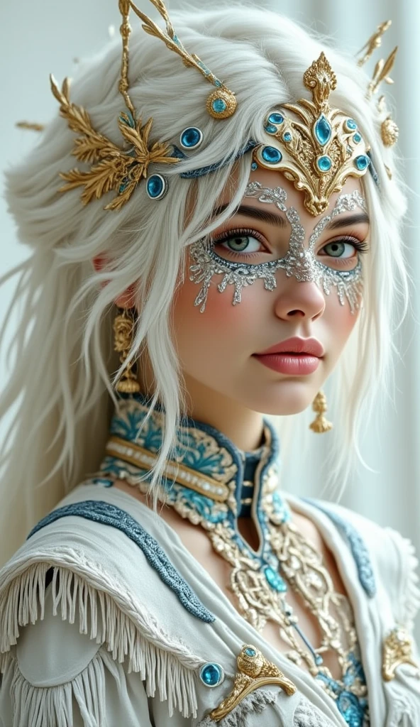 The woman's hair is styled in a way that mimics the feathers of an owl, with a few golden accents scattered throughout. Her lips are full and slightly parted, adding a touch of vulnerability to her otherwise enigmatic expression. She wears a high-collared, ornate garment that is predominantly white with blue and gold accents, resembling armor or a fantasy costume. The fabric is intricately detailed with patterns and textures that enhance the fantastical nature of the piece. The background is a soft, off-white color, allowing the focus to remain on the woman's face and the intricate details of her mask and attire. The overall style is a blend of realism and fantasy, with a focus on texture and detailed craftsmanship.