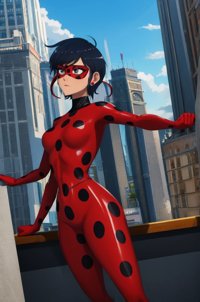 masterpiece, best quality, 1girl, ladybug costume, paris background , Louis Lane, short black hair, grey eyes, beautiful female anatomy.