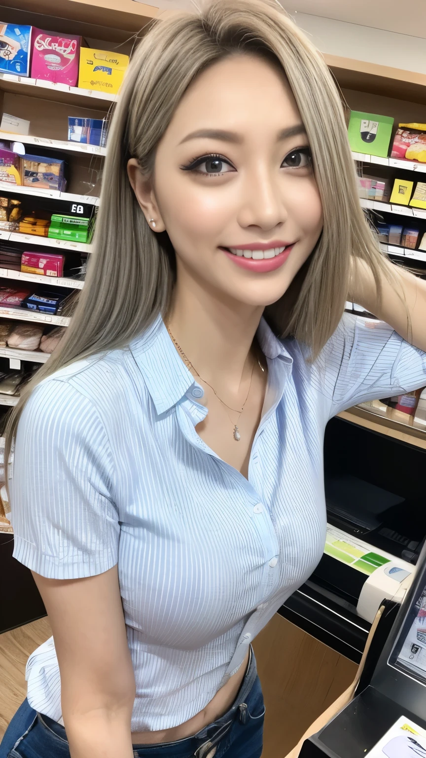 (8K, 超A high resolution, Best Quality, masutepiece:1.2),(18year old:1.2)、(huge smile)、(Look away)、8K、RAW portrait of japanese girl、Photorealsitic、超A high resolution、top-quality、(Nipple protrusion:1.8) (huge-breasted、Close all buttons on the shirt:1.3),(student clothes、Pure White Cutter Shirt、Pleated mini-skirt:1.5)、(From directly below:1.3)、Put your hands behind your head、(Inside a convenience store:1.2) BREAK (Natural Skin Texture、Detailed skin、Hyper-Realism、ultra sharpness)、intricate detailes、depth of fields、Japan idol system、hposing Gravure Idol、Gal、爆乳、long blonde twintails、(Large thigh opening:1.2)、voluptuous breasts、big eye、Thin makeup、bangss、Eye lashes、Crisp double、cheerful look、Dainty schoolgirl、Pure White Cutter Shirt、(Showing off a flashy ultra-thin T-bag:1.5)、(Squat:1.5)、(Put a white shirt inside the skirt:1.1)、Show the armpits、Plaid pleated skirt、Black loafers、Black socks、(Flashy ultra-fine T-back with small area:1.5)、(recess in the areola with protruding areola:1.4)、portlate、Perfect Angle Pro Quality High Resolution Perfect Contrast Perfect Lighting Perfect Composition Perfect Wife Perfect Skin Perfect Hands Perfect Fingers Perfect Chest Perfect Hair Perfect Face Realistic Facial Feature Masterpiece