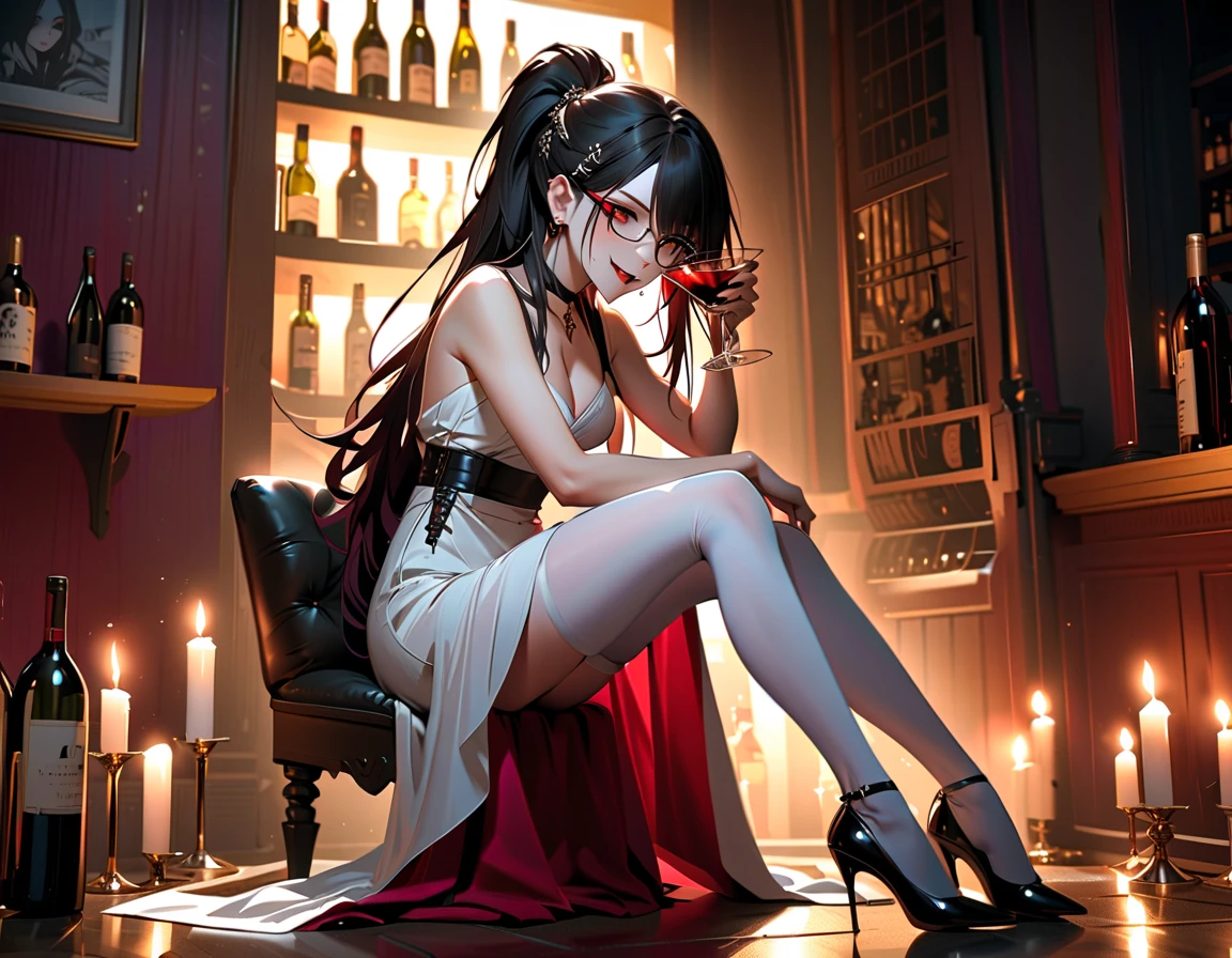 a picture of a beautiful woman  sitting in a goth bar , sipping a dark red cocktail, wearing a white mini dress, full body, slightly hiding the edge of white silk stocking, (vampiric fang: 1.3), wearing high heels, smirking, glasses, black choker, make up, black hair, long hair, ponytail, very long hair, hair strand, hairpin, eye reflection, intense azure eyes, light makeup, shy, blush, goth bar background, wine bottles, lit with candles, photorealistic, Realism, depth of field, cinematic lighting, dim light, full body, silhouette, from side, Ultra-Wide Angle, retina, UHD, best quality, 16k, highres, high details, 